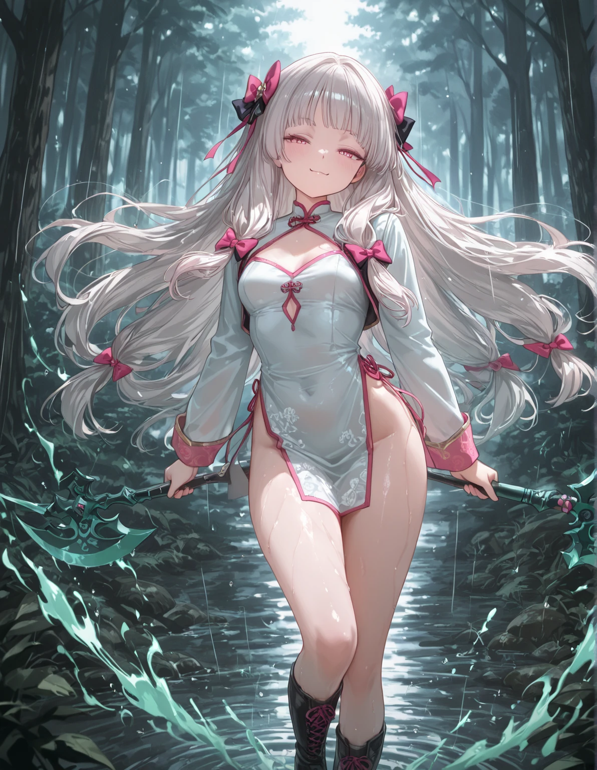Highest quality, masterpiece, girl, cute, Lewd,forrest, Long Hair, forrestBase, Knee socks, nakedの肩, jewelry, No sleeve, White Dress, Long black skirt, gloves, knight , Cape, On the ground, White underwear, Shaved, The skirt is flipped up, The genitals are visible, The genitals are visible, not,naked, Leg spread, The dick is in the,Having sex,Eyes closed,Mouth open, Dildo, Being fucked by a dick, Stuck in pussy,My pussy is wet,Semen in pussy, Are standing, Standing, 虫の形をしたDildo,Clothes are off,Sperm in,マンコにDildo,Inserting dick into pussy,One nipple is visible,The wind flips up my skirt