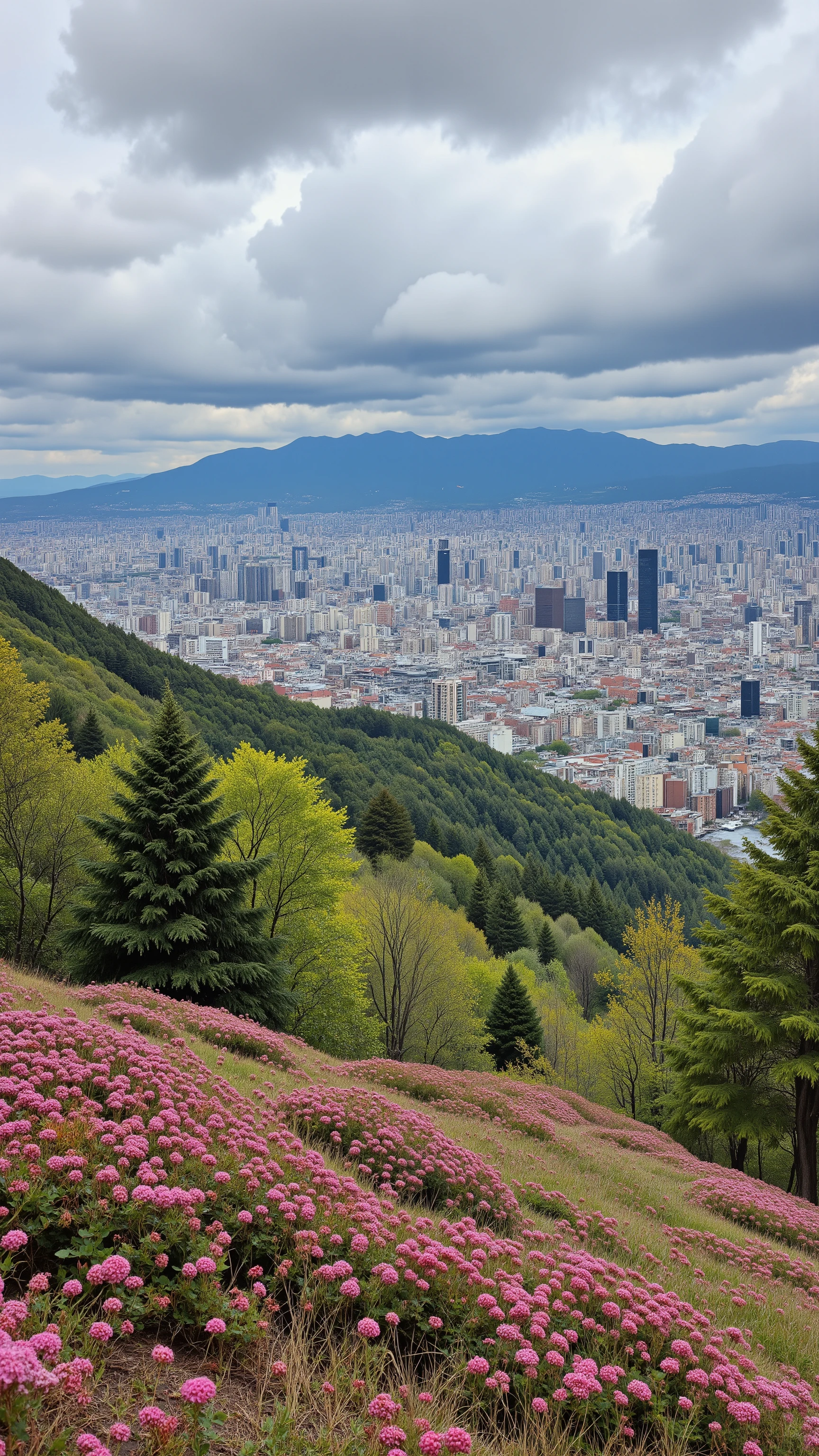 masterpiece、Best Picture Quality、Landscape images 、Scenery of the rugged plateau、 A sense of the season full of plateaus、 tree々Flowers々Photo of、 Scenery of the plateau written in depth 、high image quality、実がイッパイの桃のtreeが一本、photorealism、 complicated 、High Detail、, you can see the cityscape in the distance。