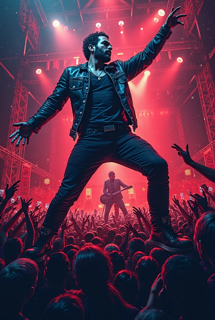 ((best quality)), ((masterpiece)), (detailed), ((best quality)), ((masterpiece)), (detailed), the skinhead group band singing, the exploited punk rock band(boys), full body, raise punch hand on the stage(posters)sound system, wearing black boots, semi bald hair(red color), in the concert, crowded people, many lightings