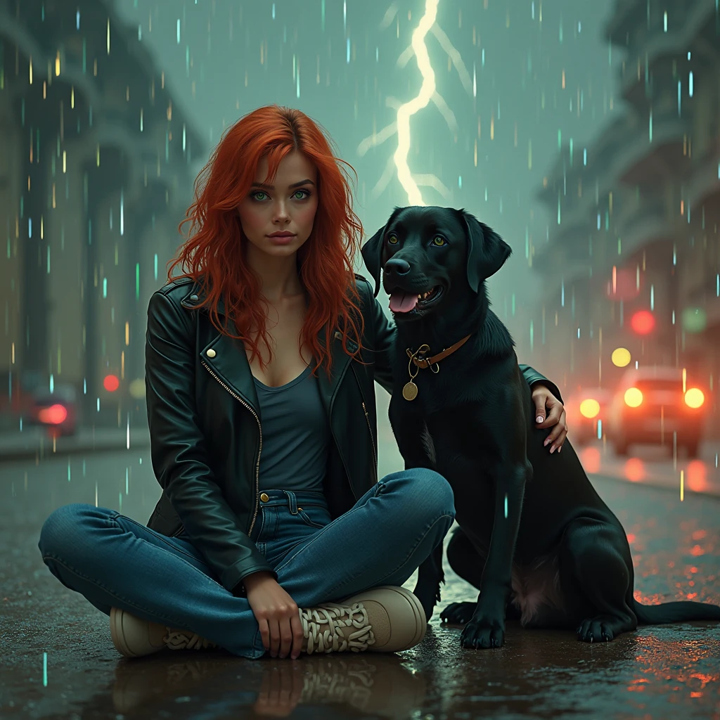 Red-haired woman with blue eyes, at night with clouds charged with lightning, holding a skull and an orange cat with green eyes next to ruins 