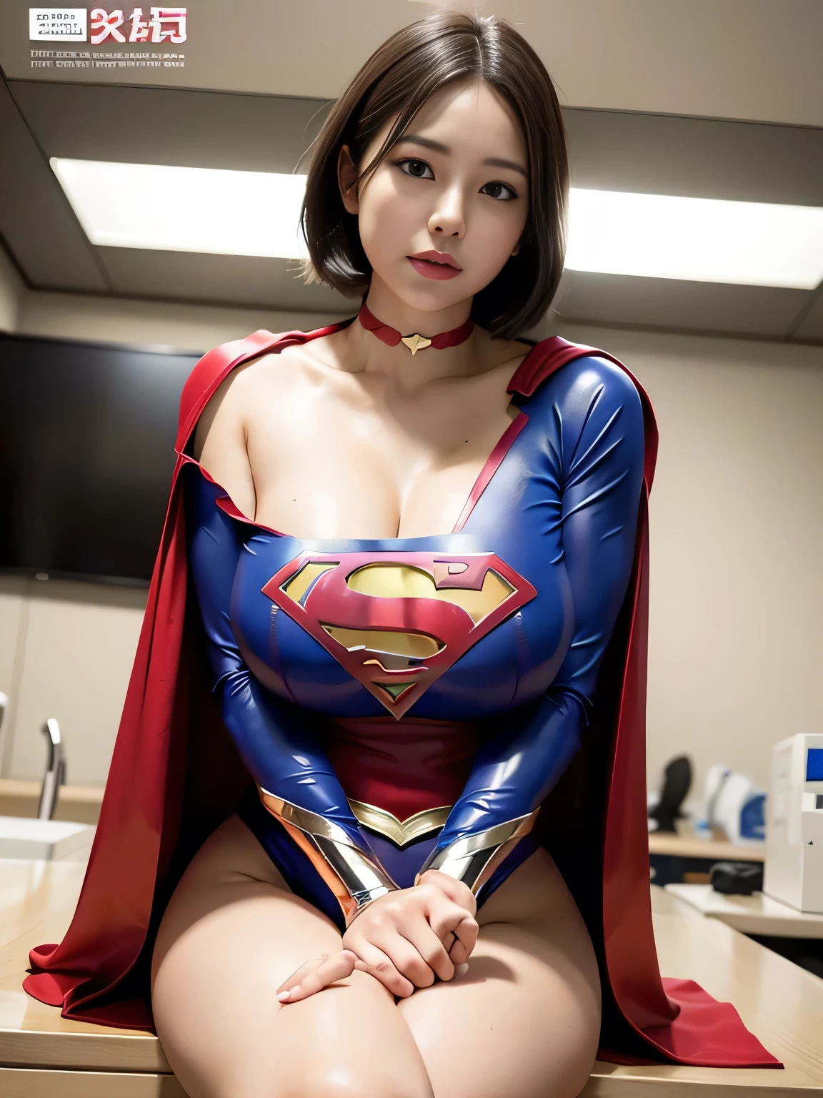 masterpiece、Rubber Supergirl Costume、short hair、Rubber Long Boots、Big and ample breasts、shiny sweaty skin、looking at the camera、choker、Long sleeve、Sexy poses to seduce、Off the shoulder、latex、from right in front、athlete、Racing Bloomers、Red Cape、Muscle training、Beautiful thighs、Photo magazine cover、operating table、