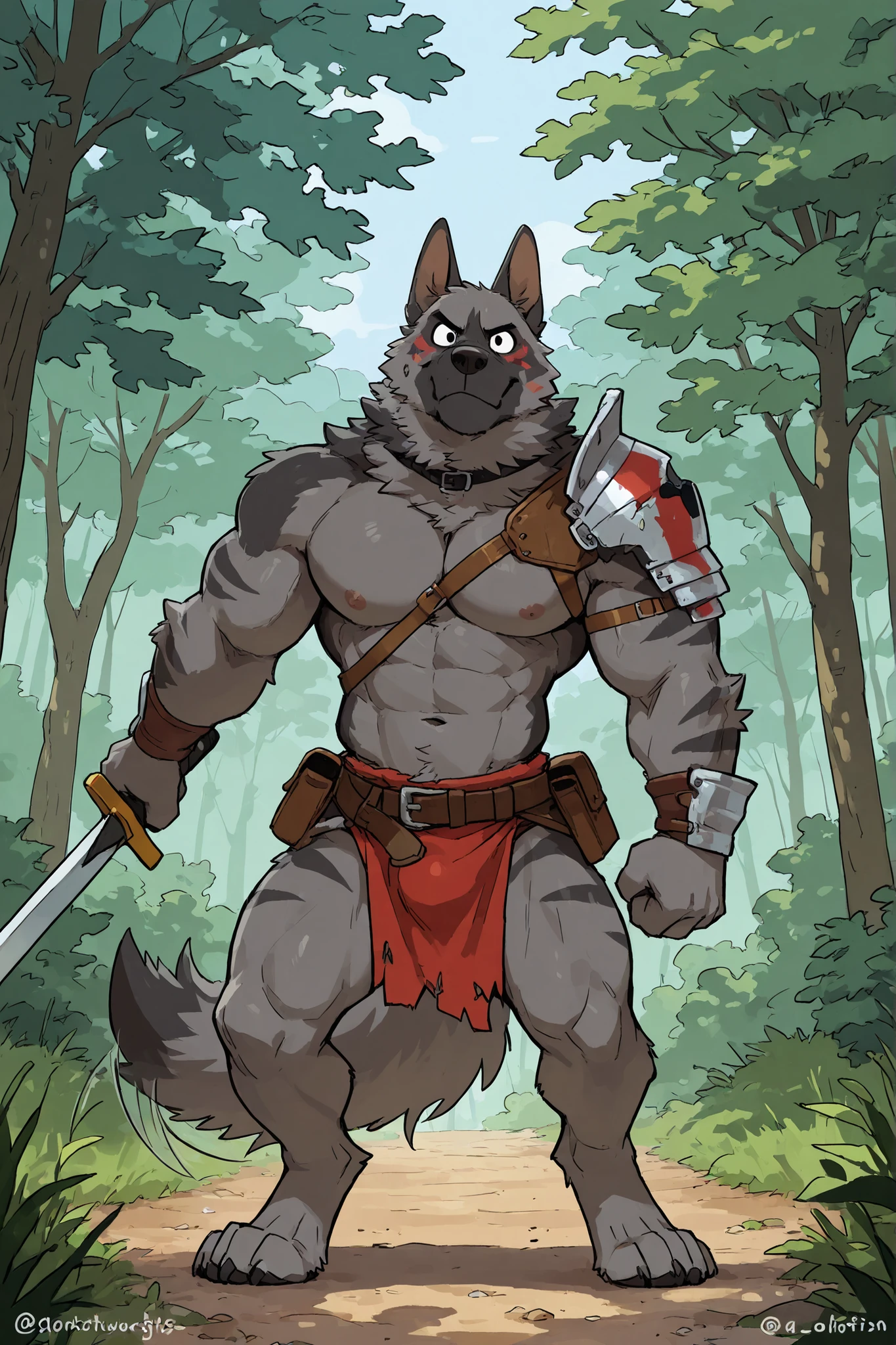 score_9, score_8_up, score_7_up, score_6_up, masterpiece, best quality, amazing quality, stripping armor off, very aesthetic, by a cottage, holding sword, war paint, stripes on fur, absurdres, newest, scenery, (heartless, muscular, anthro, dominant, lost in thought, big muscles, 1male, solo, wripped loincloth, joyful, anthro dog, anthro german shepherd, closed Mouth, happy, tale wag, wagging tale , monster dog, black and grey fur, detailed black eyes, smith, (sharp teeth), (by woolfie:), broken armor, dog sheath, loincloth moved to the side, dog sheath, dog penis