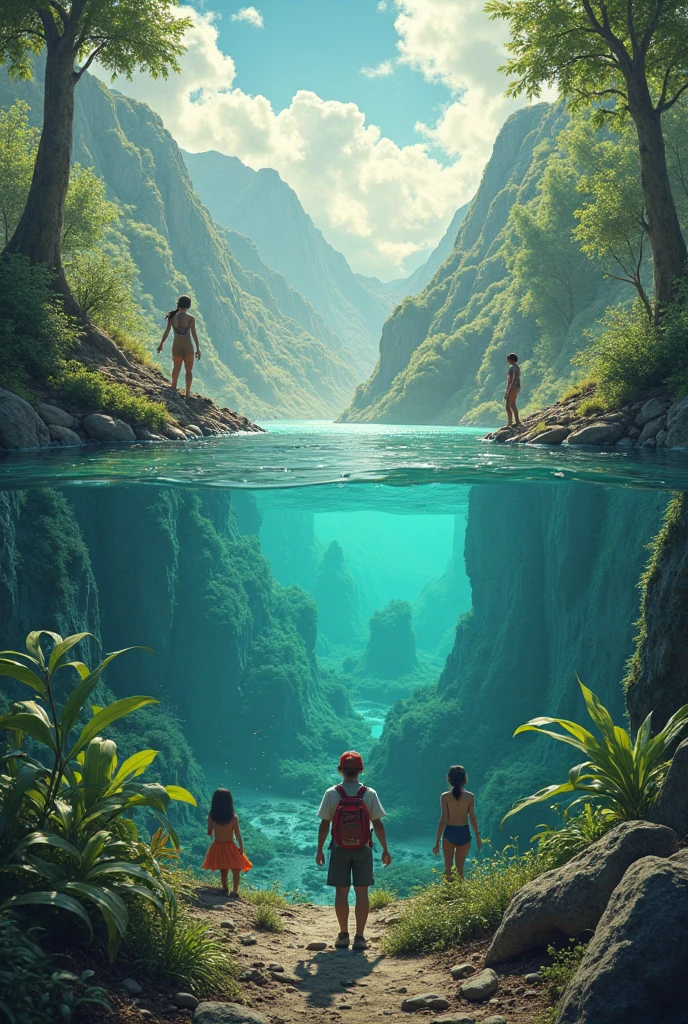 create an image that shows what the earth looked like (including fauna and flora) in the Silurian period (444 to 416 million years ago; Thawing of glacial masses;Covered lands; Land plants and coral reefs; Miniature forests along lakes.by water; Fish and land animals; Predominance of invertebrates) and add three teenage girls to the landscape (one with brown hair, one with blonde hair and the other with dark brown hair0, make this art in realistic style make the girls face the camera, so that we can see their faces, make them normal size, make them face the camera please, so that we can see their faces make the relief stand out more than the girls, give less prominence to the girls and place them within the landscape, as if they were living their lives there, make them face the camera, have the girls swim in the sea with the sea animals of the time
