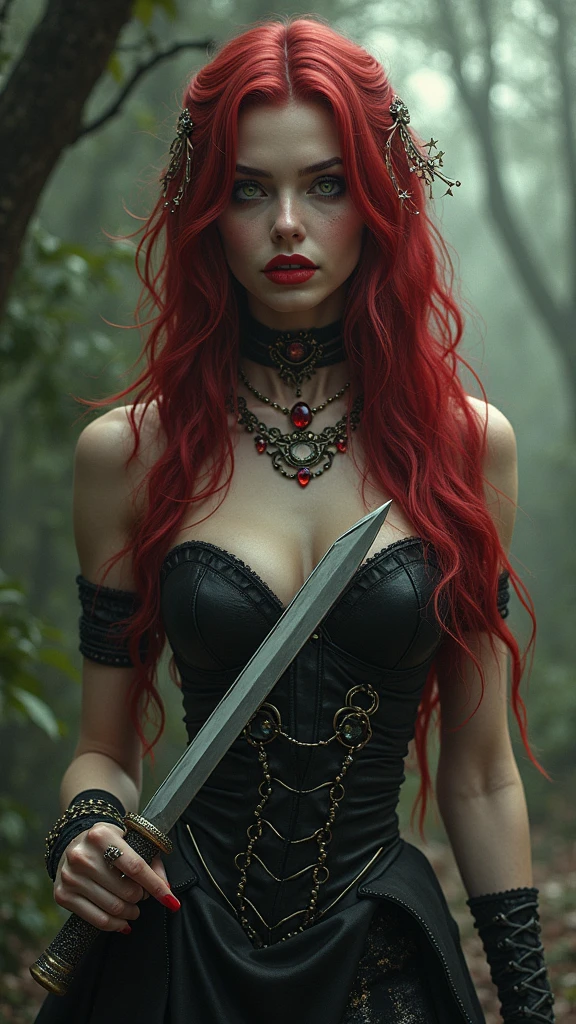 Beautiful and fit woman character with red demon eyes, black hair and red hair tips, Caucasian skin, and black medieval gothic dress. She is using a sword