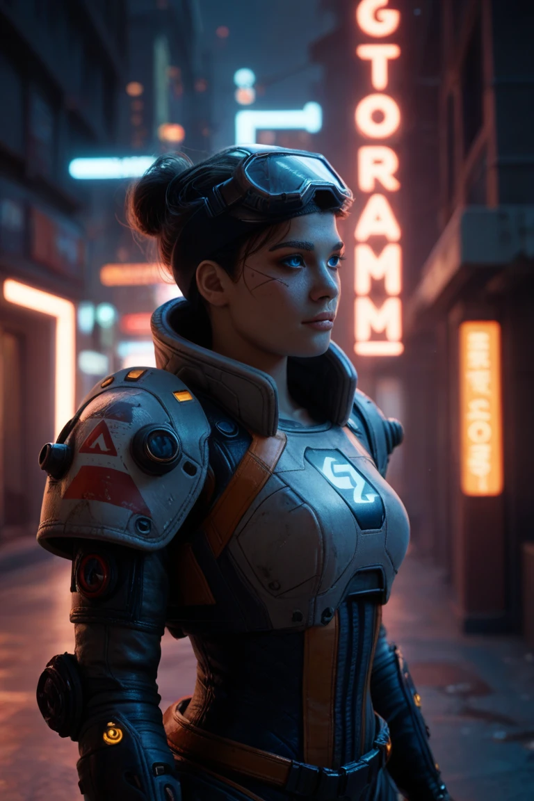 A still from a film showing a female mech pilot standing in front of her (Large combat mech:1.3), Sci-Fi Armor, military base, Strong winds, Sci-fi helmet in hand, visor, Detailed eyes, dry skin, Skin fuzz, Visible skin hair, Skin blemishes ,, Shallow depth of field, Vignette, Very detailed, big budget hollywood movie, Bokeh, CinemaScope, Sulky, amazing, nice, Film Grain