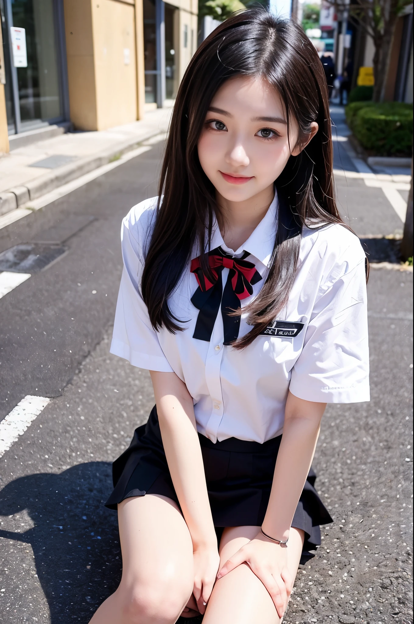 Masterpiece, highest quality, 8k, , Japanese girl, raw photo, absurdity, award-winning portrait, smile, smile, solo, school uniform, summer clothes, idol face, violasses, gardenia, delicate Girl, long black hair, dark eyes, upper body, DSLR, looking at viewer, candid, sophisticated, youthful, thin arms, professional lighting, film grain, chromatic aberration, (eye and face details: 1.0), (bokeh Taste:1.1)