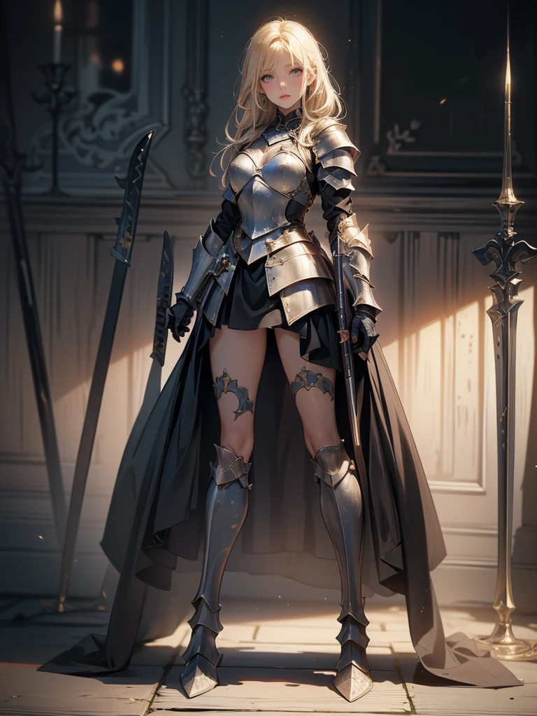 (Full body shooting :2), (Full Focus:1.3),Must show your face, anatomy correct,,The character wears Western European knight armor,holding a longsword,Silver and white color scheme,Strangle effect,High-heeled leather shoes, anklet,leg loops,collars,Heavy makeup, A shallow laugh, Latex stockings must be worn, hyper HD, Ray traching, structurally correct, Award-Awarded, high detal, lightand shade contrast, cinmatic lighting, tmasterpiece, super detailing, high high quality, high detal, best qualityer, 16k