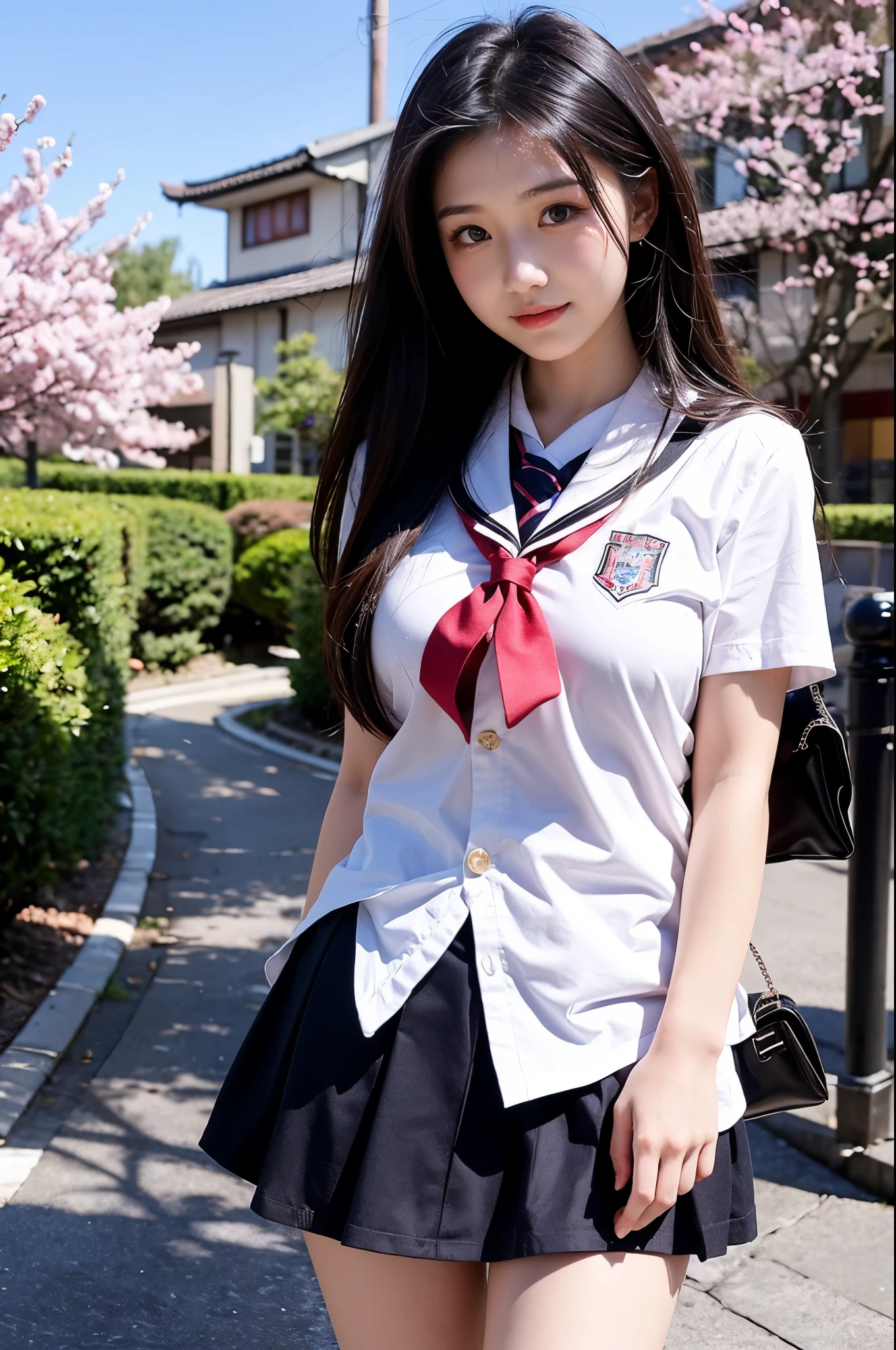Lakeside park with sunlight shining through the trees, (school uniform, shirt, skirt), japanese girl, , skinny body, flat chest, extremely cute face, extremely ultra detailed face, extremely ultra real skin, extremely ultra detailed eyes, extremely ultra surrealism, (masterpiece, best quality:1.2), octane rendering, (8k, uhd, ultra high res), (super realistic details), extremely intricate detail, super real texture, professional lighting, (realistic), (RAW photo:1.2), (photorealistic:1.5)
