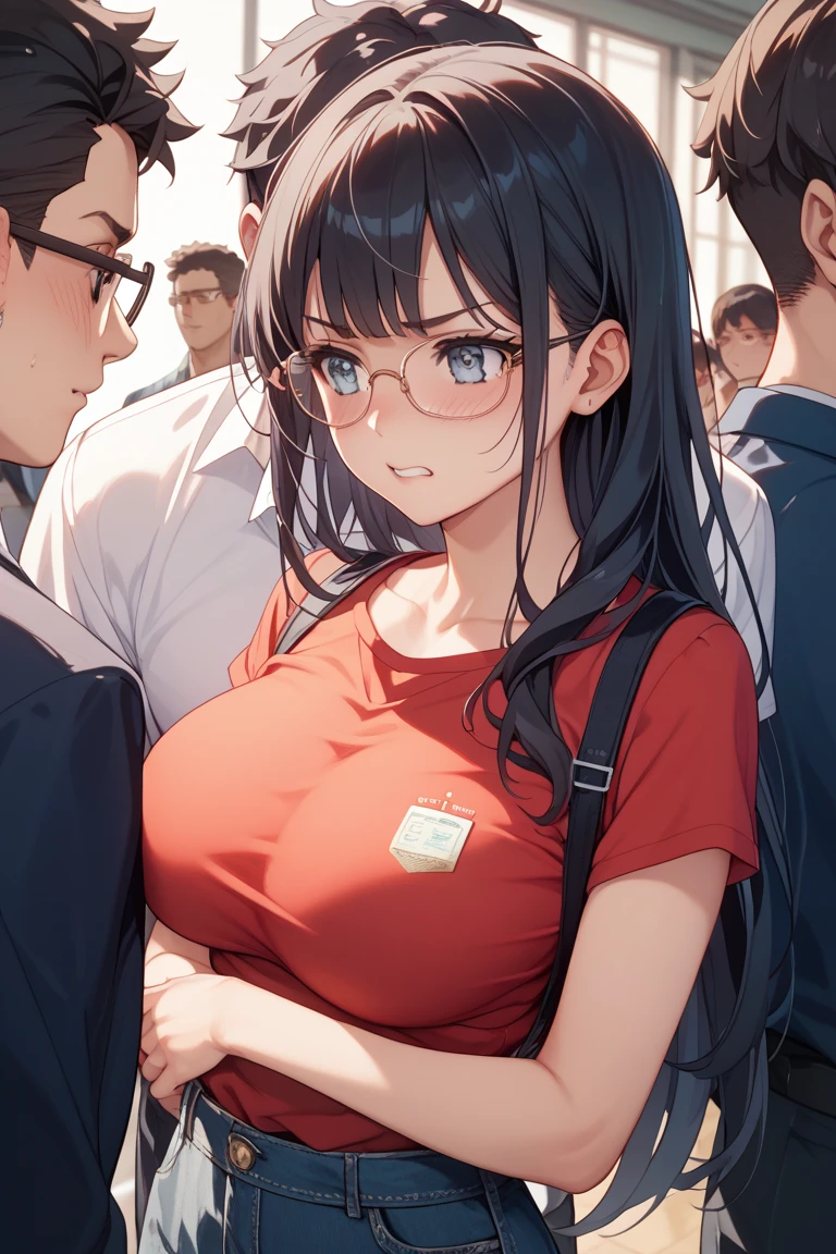 NSFW, (((photographrealistic))), (Shiny skin), (nffsw, in 8K,Wallpaper, High resolution), Perfect Anatomy, Cinematic lighting, Physically-based rendering, Award-winning, highlydetailed skin, extra detailed face, Eyes with beautiful details, Carl Zeiss 85mm F/1.4, (1 man and 1 girl, a couple:1.5), Cute 16 year old Japan , sitting in the chair, (Black hair, Brown eyes, Round face), middlebreasts, Wet school blouse with ribbon, Navy Pleated Skirt Lift, Navy High Socks,Spread legs, Thigh Focus, In the classroom, Blue Hour, (One man is a student, A student is hugging a girl from behind:1.5), student clothes, (Student touching girl's breast:1.5, one hand is touching panties:1.6), [Full body shot], Shot from below,Braids、eye glasses、showing off breasts、(Lower body naked:1.2、Bottomless)