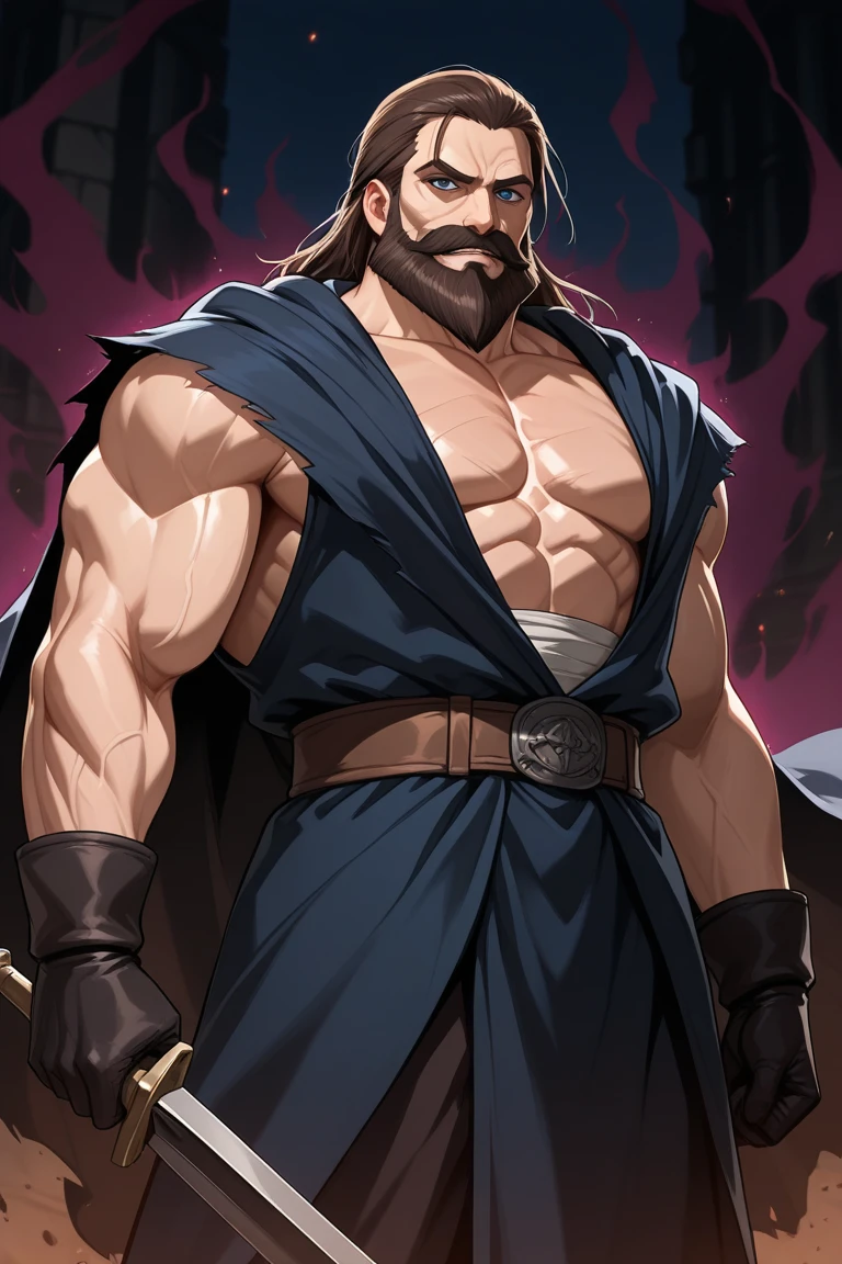 black beard viking , muscular man posing with his ax