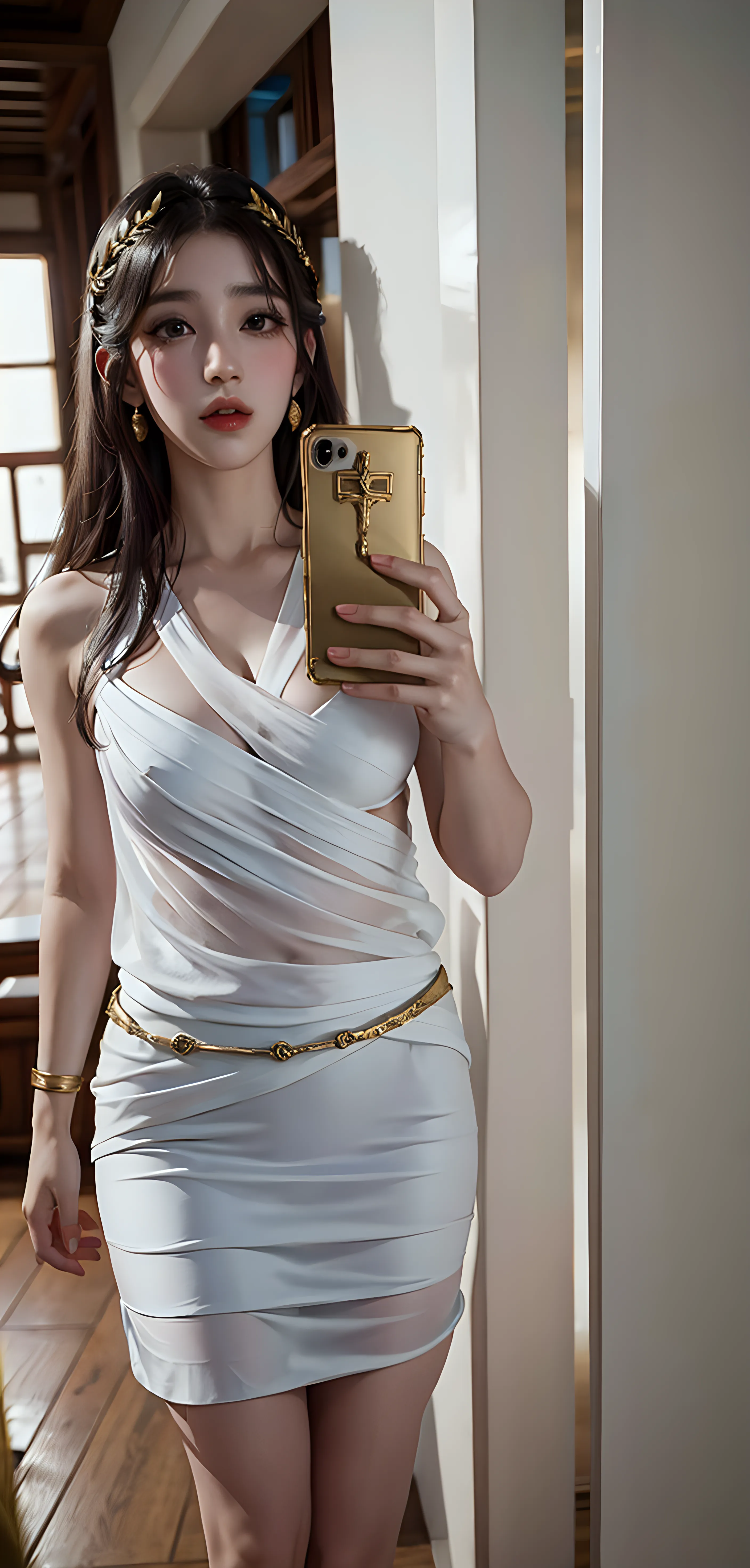 Surrealistic female portraits by David Hockney and Alphonse Mucha, fantasy art, photorealism, dynamic lighting, artstation, poster, volumetric lighting, very detailed faces, 4k, award-winning, 1girl, in the dark, deep shadows, understated, small white slip dress photo, (formal wear: 1.4), long hair, brunette,