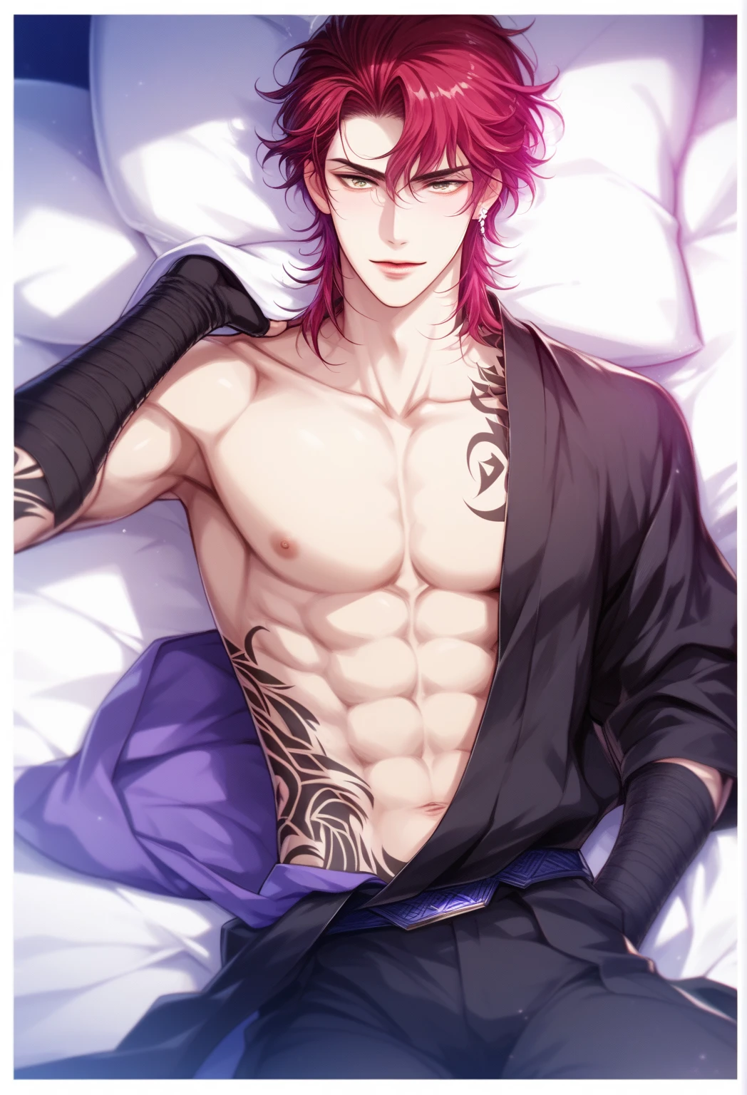 absurdres, highres, ultra detailed, HDR, master piece, best quality, perfect face, Ryomen Sukuna, pink hair, expressive red eyes, jujutsu kaisen, solo, sexy man, handsome, toned chest, horny, sensual, erotic, white haori, black boxers, couch, sitting, flowers, petals, room
