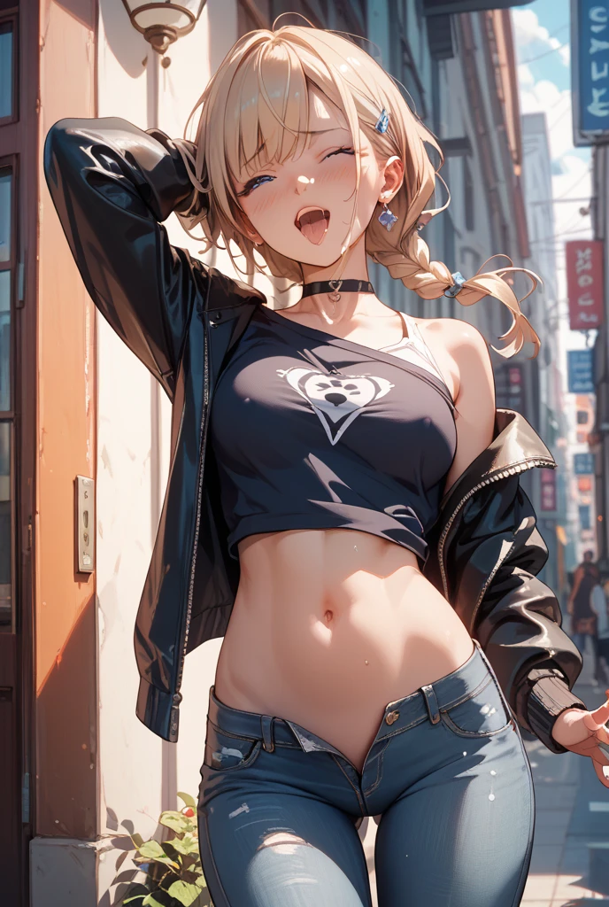 top-quality、Top image quality、masterpiece、girl with((18year old、Tattoo of the heart symbol on the right shoulder、Black Navel Tank Top、White pants、Best Bust、Bust 85、a blond、poneyTail、Blue eyes、open chest wide、Happiness、Chain Accessories、Black wristband on wrist、all fours pose,A slender、whole body Dripping wet))hiquality、visualart、Background with((City at night、Sateen、lightning bolt))、masutepiece