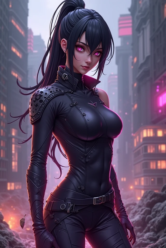 (masterpiece, best quality, aesthetic:1.4,) 1girl, Cyberpunk, futuristic, Yelan, BREAK, symmetrical face, highly detailed face, black hair, long hair, ponytail, holographic interface, BREAK, crimson eyes, highly detailed eyes, BREAK, large breasts, tight clothing, leather jacket, black shirt, BREAK, knee boots, black yoga pants, black gloves, tactical gear, BREAK, stretching, serious expression, standing, BREAK, female focus, upperbody, neon aesthetic, futuristic cityscape, sci-fi
