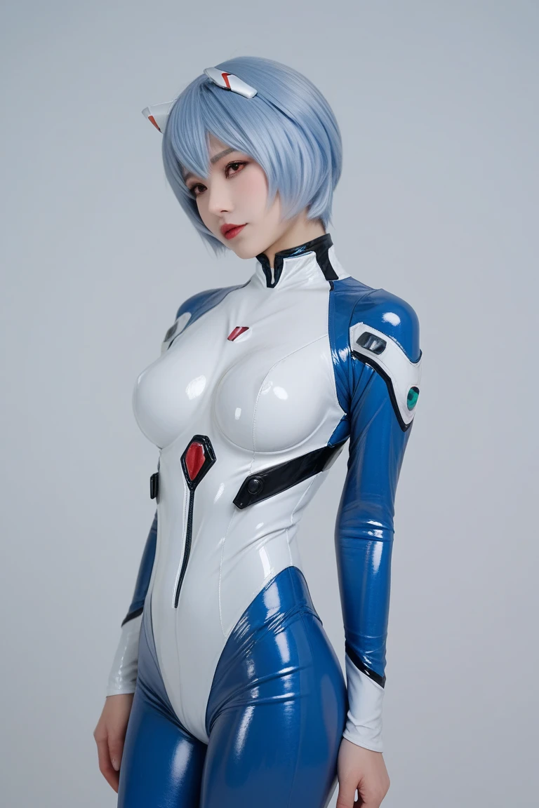 ((masterpiece)), ((photorealistic)), ((8k wallpaper)), ((best quality)), ((perfect quality)), solo, (detailed eyes:0.9), girl, blue short hair, Ayanami Rei, very beautiful, pose: (standing, shy pose),  face : ( (very beautiful face), blushed, ashamed, asian, japanese, (perfect face), (thin face), cute face, young ) , figure: ( very full body, very thick, ((very chubby)), (belly bulge), ((very wide waist)), ((very chubby belly)), very soft, (very curvy), (huge breasts), sexy, sexy pose, ((big deep navel)), ((love handles)), (fat thighs), long legs, fat ass, ((muffin top)), (thunder thighs), fed up) , clothes : ( tight white costume, (torn costume), (ripped costume), exposed skin)