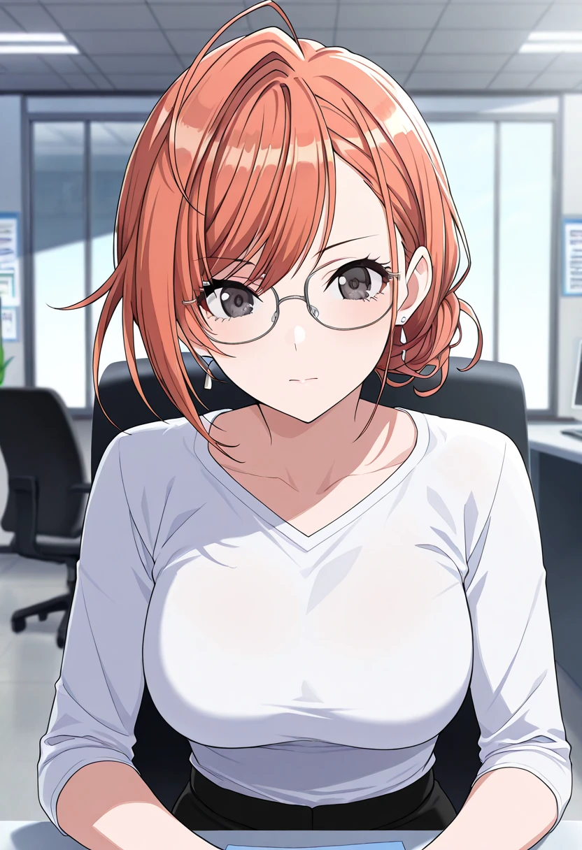 (masterpiece),(best quality),(ultra-detailed),(best illustration),(best shadow),(absurdres),(detailed background),(very aesthetic),arisugawa natsuha, 1girl, solo, orange hair, short hair, ahoge, swept bangs, black eyes, large breasts,anime screencap,white shirts, colled shirt, tight shirt, bouching breaests, sitting, office, glasses, upper body