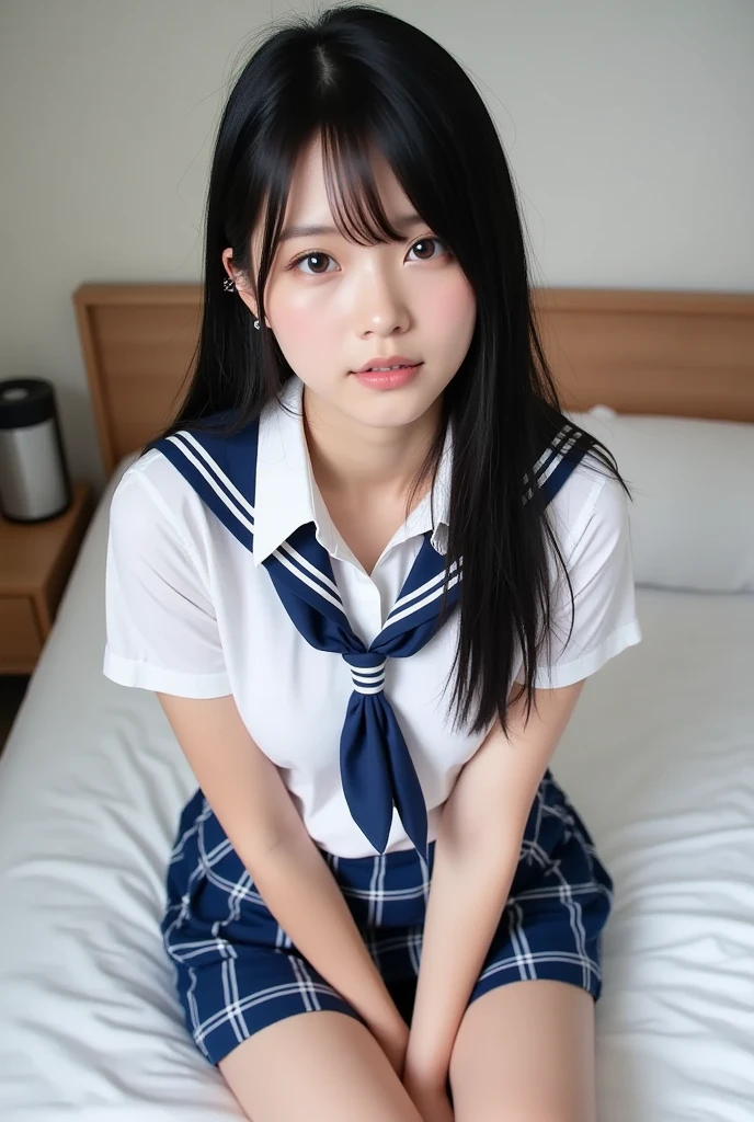 (Best Quality, 8K, 32 k, masutepiece, (english) (english) (english):1.2), (Raw foto), (realisitic), (Photorealistic:1.2), (high resolucion), Ultra-detailed, extremely beautiful face & eyes, 1girll, (Lori, 14 year old:1.2), young female, Innocent face, sad look, thin-waist, tits huge, slim proportions, (Uniform of Japanese sailors, sailor fuku, serafuku, japanese school sailor uniform, striped pleated skirt:1.27), (From below, white thong, groin:1.24), in a classroom, Side view looking out the window, It's raining outside. rainy weather, 90&#39;s film camera.