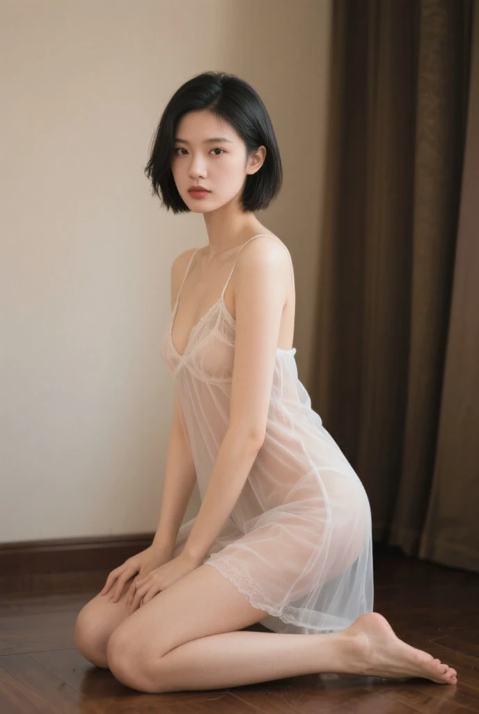 raw photo, 8k, (top-quality), Realistic, (real picture, Intricate details), (natural skin texture, detailed skin, hyper realism, sharpness), 1girl, (Japanese teenage girl sitting on small bed in a hotel at night, hands between leg), ((white night dress, sleeveless, see-through)), (((flat chast:1.5))), (slender body, pale skin:1.2), ((bob hair, blunt bangs)), (baby face, provocative look, Parted lips:1.3, red thick lips, under eye circle), thighs, night time, red wallpaper, blue hard lighting:1.3