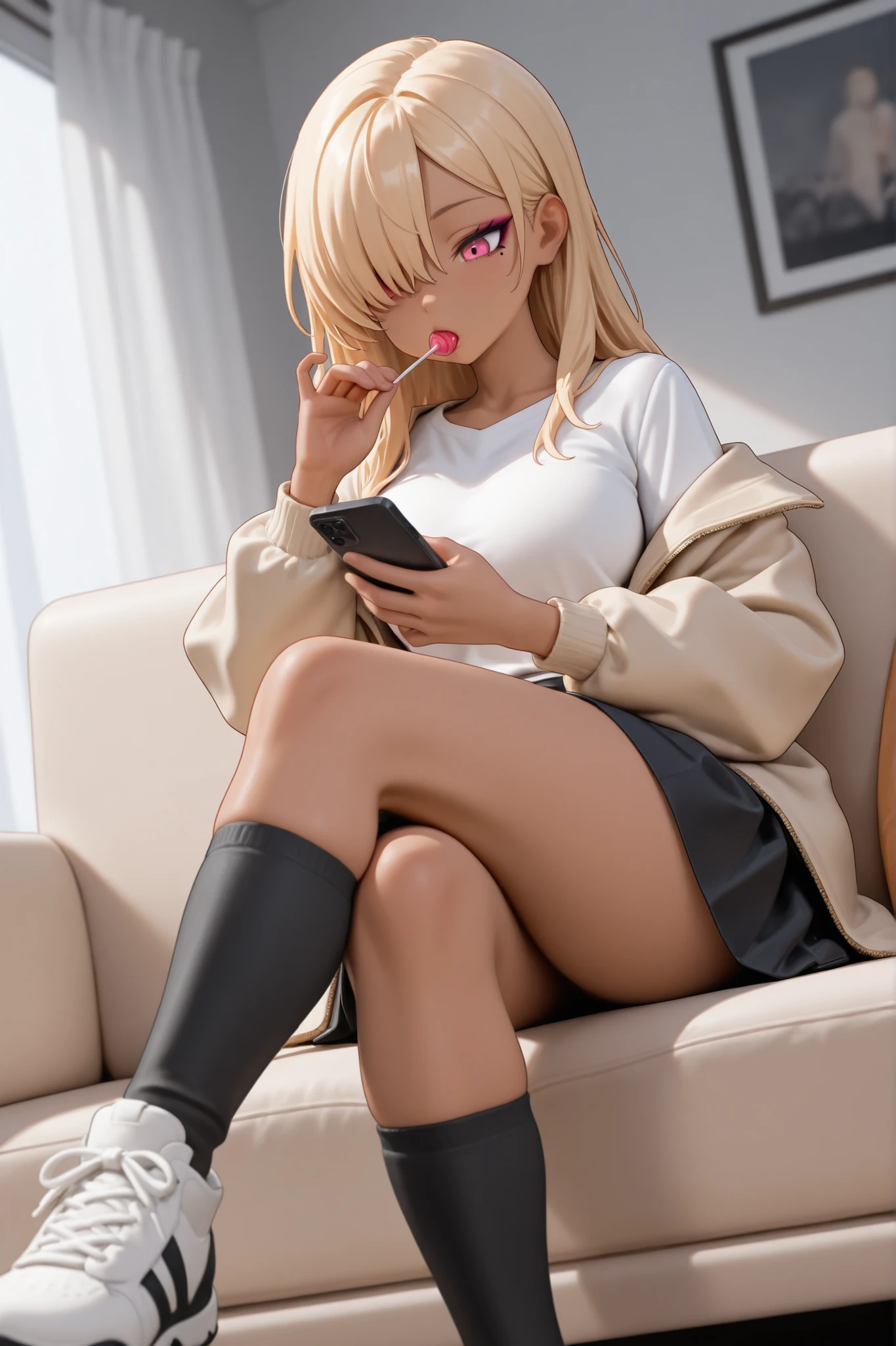 score_9, score_8_up, score_7_up, puririkaaa_style, , long hair, green eyes, white hoodie, 1girl, solo, looking at viewer ppl, blonde hair, green eyes, full body, massive lips, black dress, ((full body)), black boots, foot on screen, socks, black socks, sitting down, stamping on screen, middle finger, from below