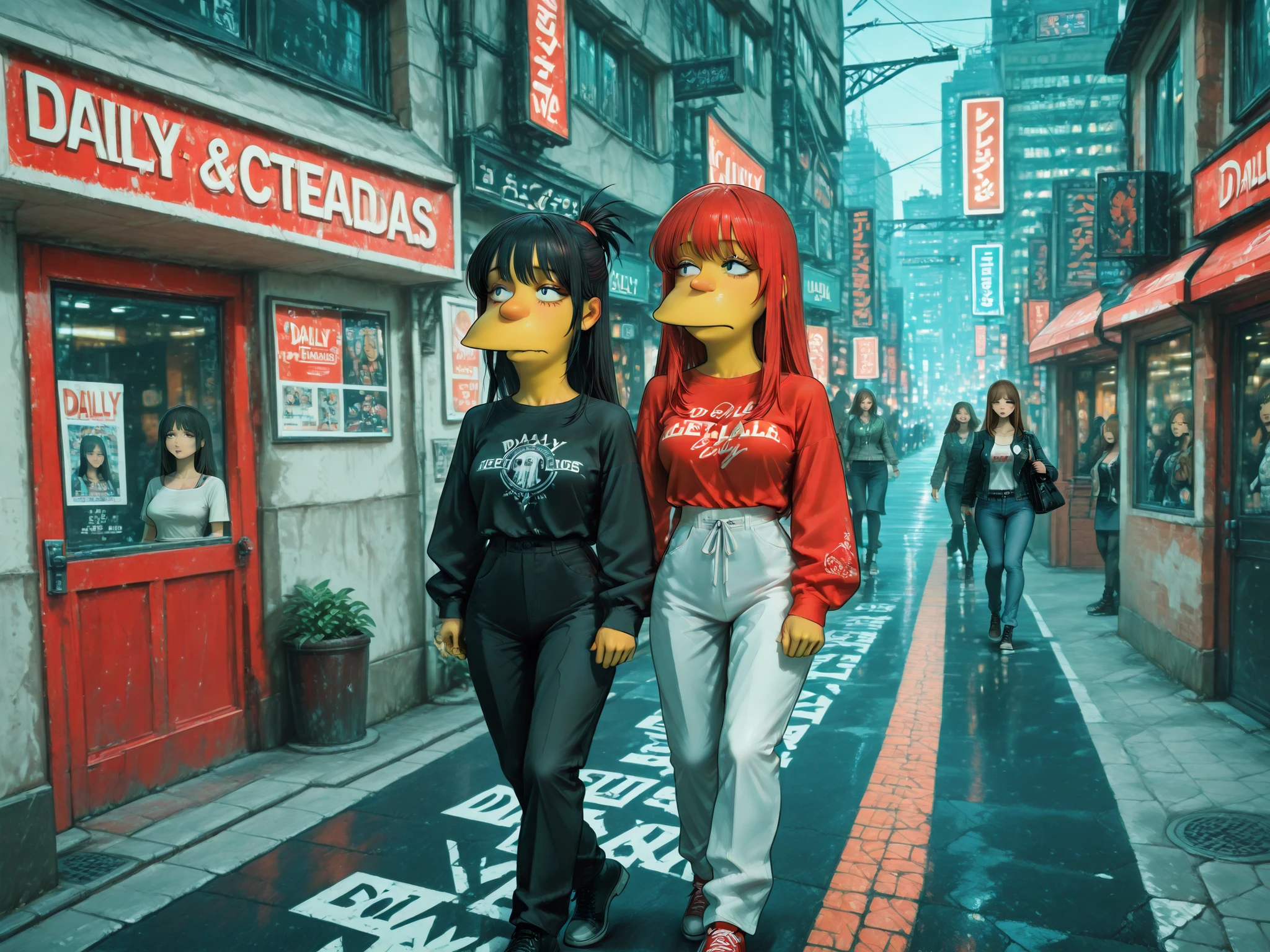 to merge reality, two animated women. two girls drawn in the Simpsons style, confused seeing that she teleported to a real-life city, realistic humans walking in the city, female character Stretches Simpson, Caras detalladas, daily clothing, detailed eyes, realistic city, people in the background (humans)
