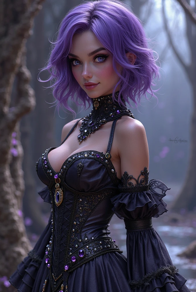 1girl, solo, goth , pixie hair with long sides, short hair, eyeshadow, dress with sleeves, mascara, color: spectrum, vivid colors, rainbow hair , black eyes, dark eyes, medium breasts, outdoors , highly detailed portrait, cute, large breasts, full body view