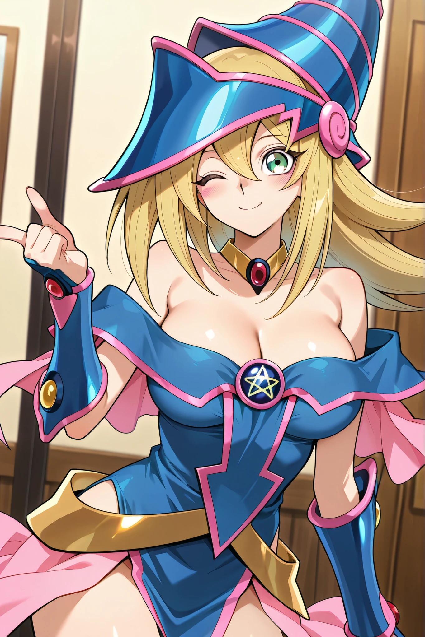 Very detailed、Highest quality、Best image quality、masterpiece、8k、Anime Face、A kind smile、Open your mouth、Blonde Hair Color、Black Magician Girl、Completely naked、All Nude、Medium size