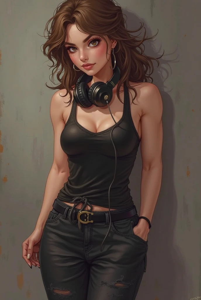 ((Realstic)) and ultra-detailed photography of a woman, red hair, alluring, ((seductive look)), short t-shirt, bellybutton, jeans, cleavage, sexy pose, dj, playing dj, headphones, neon lighting, atmospheric lighting, woman is well lit, sexy, beautiful woman, glowing skin