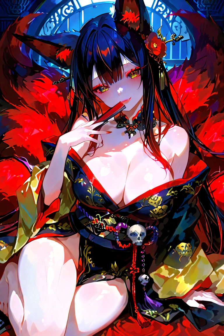A beautiful girl with long black hair and large breasts in a luxurious black kimono with red spider lilies and white skeletons.