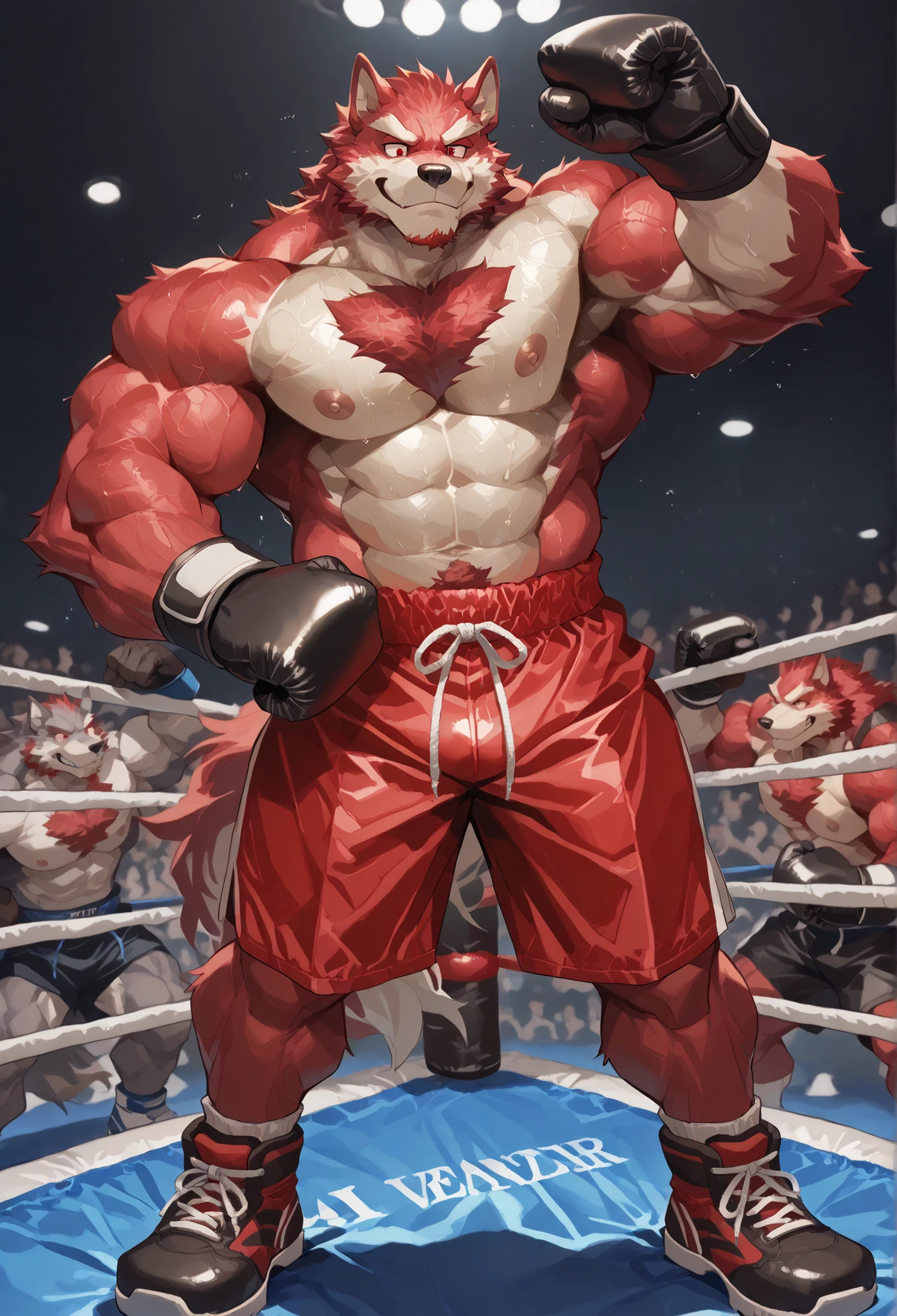 4K, masterpiece quality, pov_boxing, Looking down on the losers, black boxing shoes, black boxing gloves, red boxing trunks with black side lines, full body, depth of field, boxing, proudly pose, hands on hips and one arm raised pose, boxing ring background at midnight, diederich olsen, wolf heavywait boxing champion, gay, furry male, red fur, red eyes, red public hair, bulging heavy muscular, veiny thick arms, carmly looking down on loser, carmly expression, cool smile, bedroom eyes, large pectorals, sweaty body, Angle of the loser looking up from directly below,
