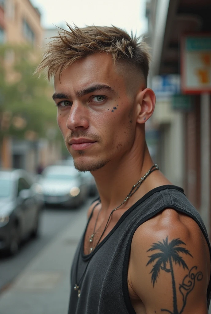 18 year old American boy, has slightly wavy blonde hair with a medium undercut cut, Western facial features, He has a strong body and tattoos on his arms, wears an open, sleeveless hooded sweatshirt, has a cool style and a relaxed and cheerful posture