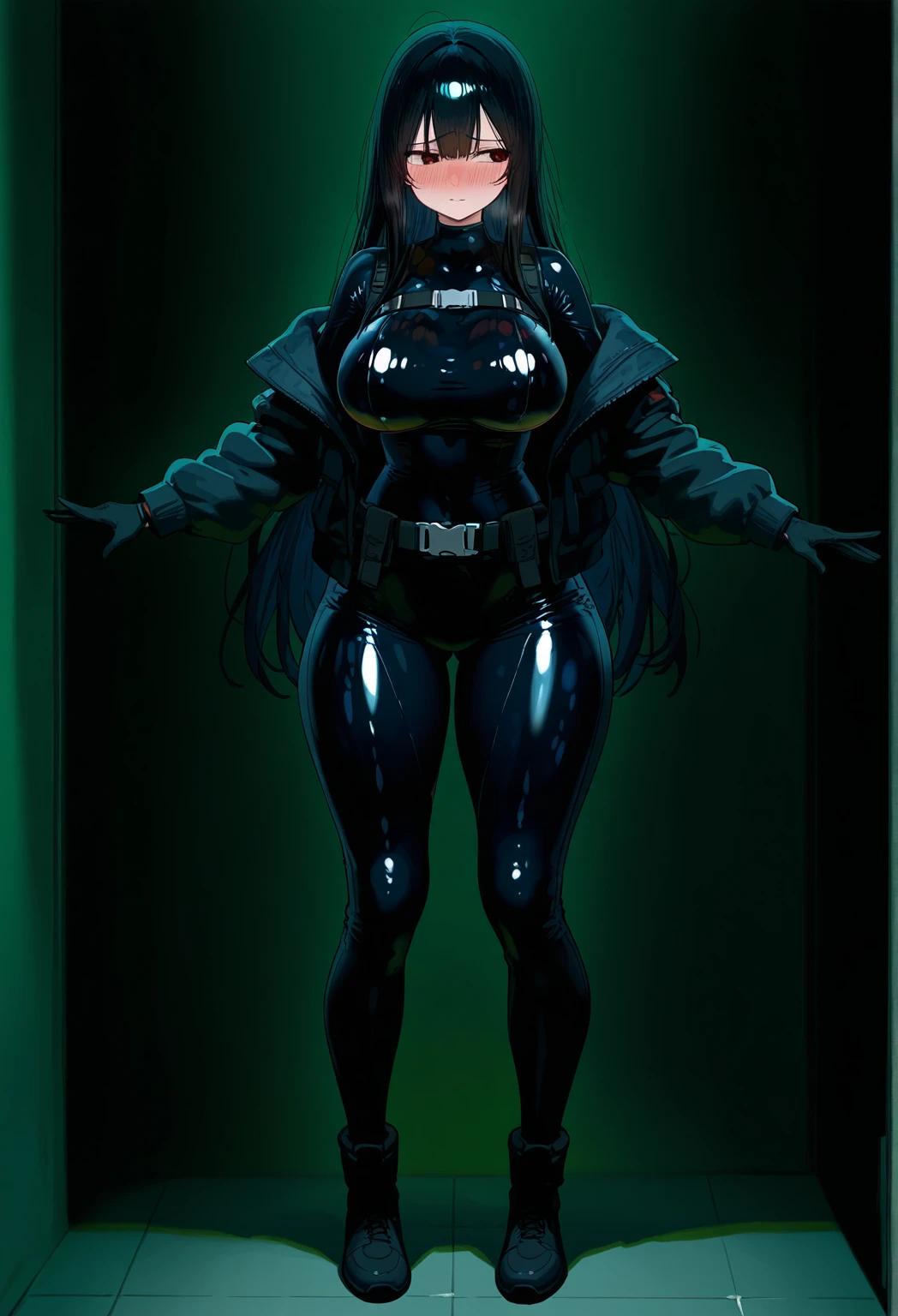 masterpiece, highest quality, (solo focus), (perfect face:1.1), (full body), (high detail:1.1), (hyper-detailed eyes), dramatic, a woman with pale skin and voluminous dark green-black hair, green eyes, solo, two-toned hair, arrogant expression, cybernetic outfit, cyberpunk, art by artgerm, cinematic lighting, fashion, BalenciagaStyle