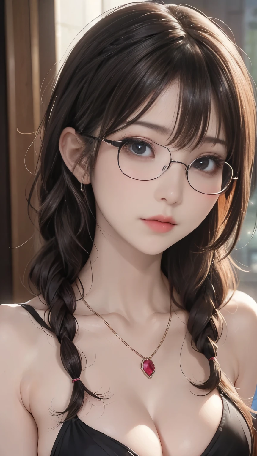 1 Female,Brown Hair, ,((Anxious expression)),Beautiful breasts,School Swimsuit、Stylish,,(Look forward)(((Blushing、Surprised expression)),(((Braid))),((( Upper body portrait)))Frameless Glasses
