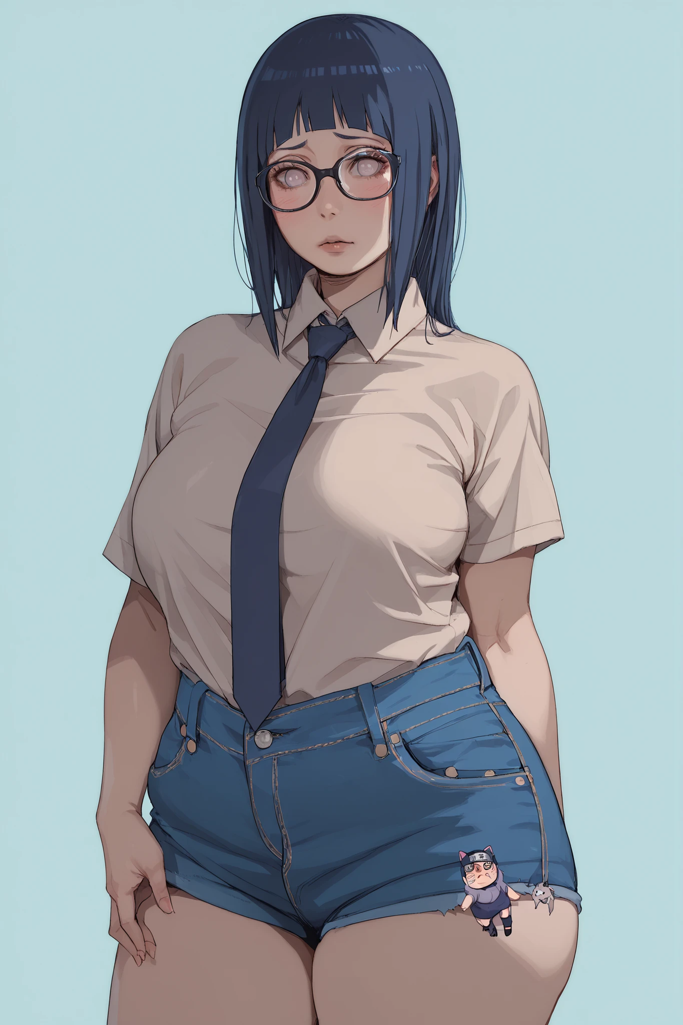 1 plump girl, Hyuuga Hinata, long dark blue hair, bangs, blank eyes, blush lines, cute face, glasses, voluptuous, big breasts, white shirt, blue tie, denim shorts, Naruto Shippuuden, simple background