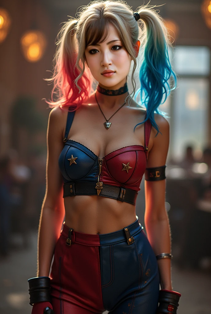 Woman with bright rainbow and blue braids, Red, white and blue corset, small, Tight Shorts, , Hold a baseball bat., and the crazy expression on her face, Character from DC Comics, Harley Quinn from the movie Suicide Squad., Tattoos with intricate details, Highly saturated colors, High quality, realistic, movie light, Drama pose, Dynamic angle, Action Scenes, Sample language