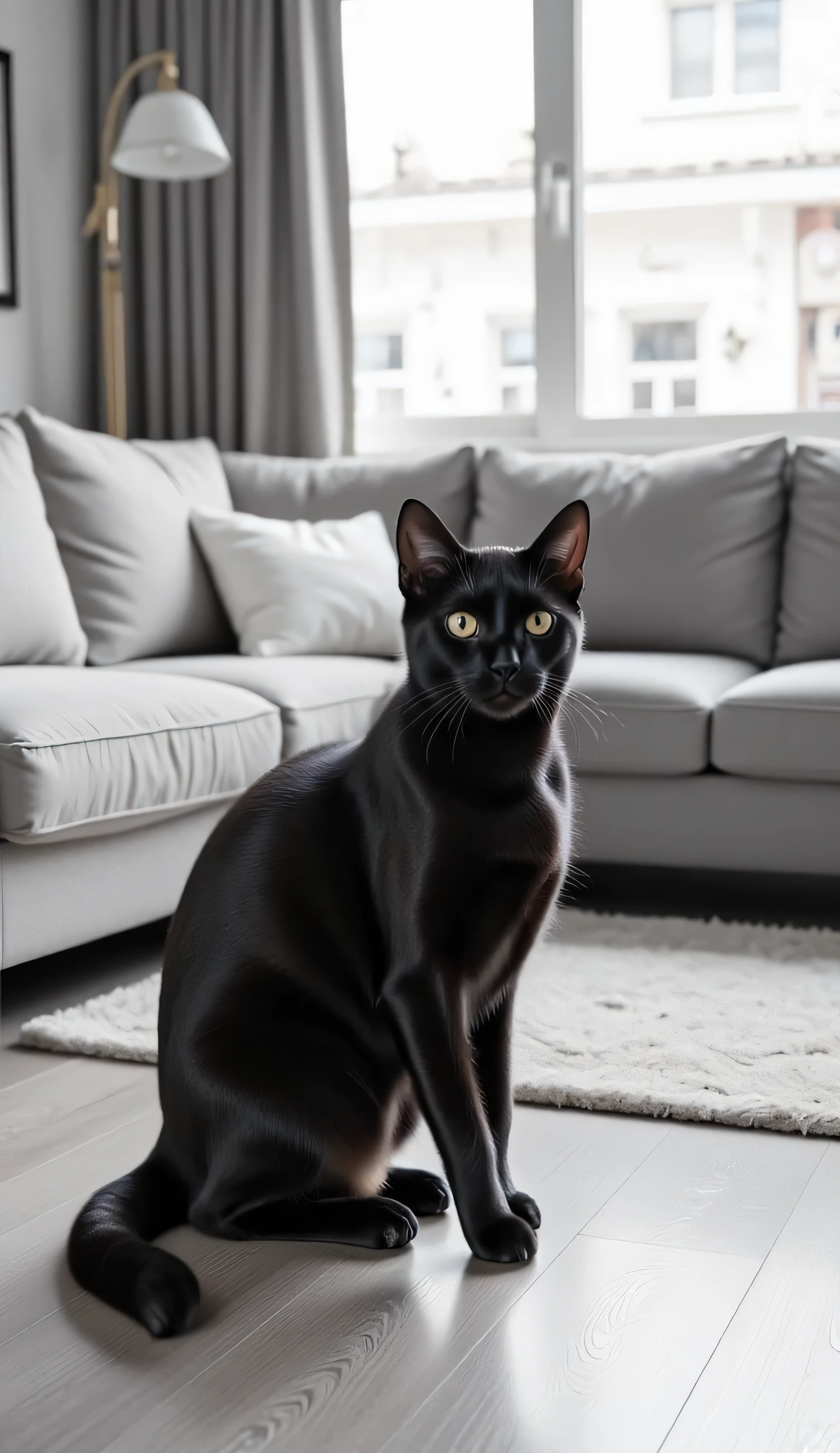 a black and white cat is sitting in the living room