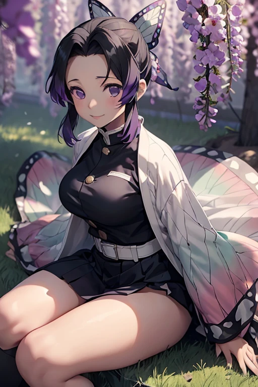 Kochou Shinobu, 1girl,masterpiece, multicolored hair,sleeveless, purple eyes,black skirt, white haori, , multiple butterflies, public road, lens flare, perfect lighting, highest quality, hands above head,armpits, thick thighs, large breasts, highest quality, high resolution, full body,cumming, masturbating,squirting, legs spread, pussy