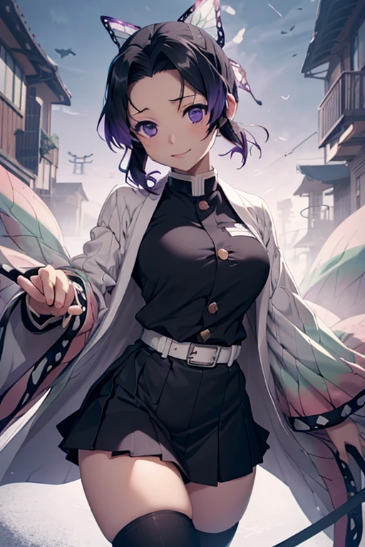 (best quality, masterpiece, ultra highres, ultra-detailed:1.2) ,1girl cosplaying as shinobu kochou from "Demon Slayer: Kimetsu no Yaiba",purple eyes, black hair, medium breasts, cowboy shot,at cosplay stage,