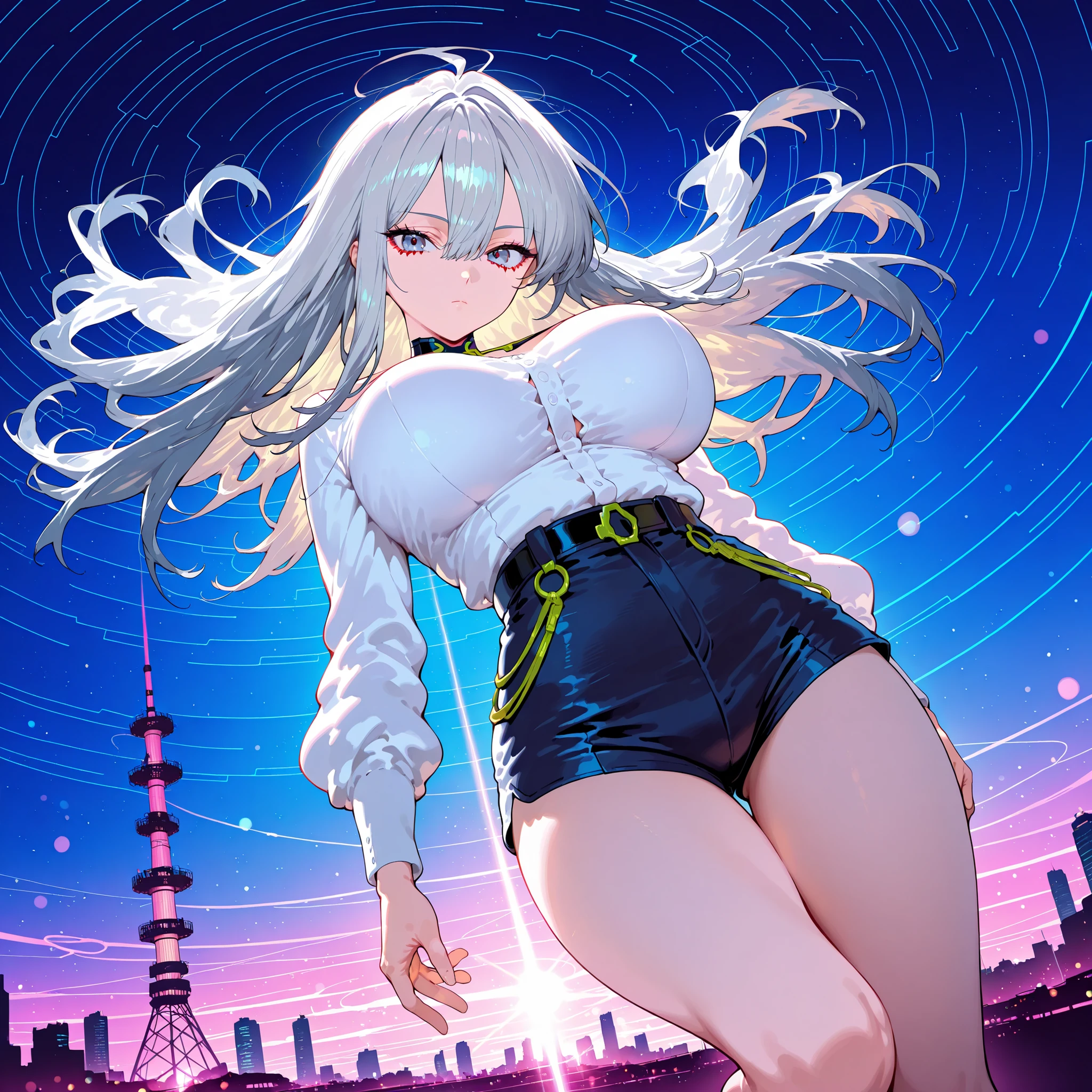 masterpiece,best quality,amazing quality,very aesthetic, PEAnimeBG, Background, anime, scenery, 1girl, solo, grey hair, hair between eyes, large breasts, long hair, white shirt, short shorts, cyber fashion, frutiger aero, frutiger metro, lens flares, bokeh, frutiger metro, vaporwave, looking at viewer, zero gravity, cyberpunk, megastructure, floating, midair, close-up, expressionless