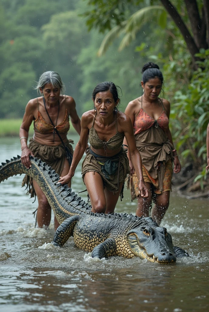 Magnificent detail, 8K Photos, hyper- realism, realistic background, visual depth, wide angle lens, all-body, 1 very beautiful woman indigenous tupi guarani naked, covering the private parts with a snake. standing. barebody. Facial expression seduction, seducing smile. captivating stare. Indigenous facial painting. plume on head. Amazonian Brazil setting. brazilian forest. Spectacular beauty. Snake 3 meters. Woman holding the snake's head with her hand near her face. Woman looking at the snake's eye. Woman facing forward, looking at the photo. Snake coiled around the woman's body. Two Native American men in the distance in the background are commenting about the woman.