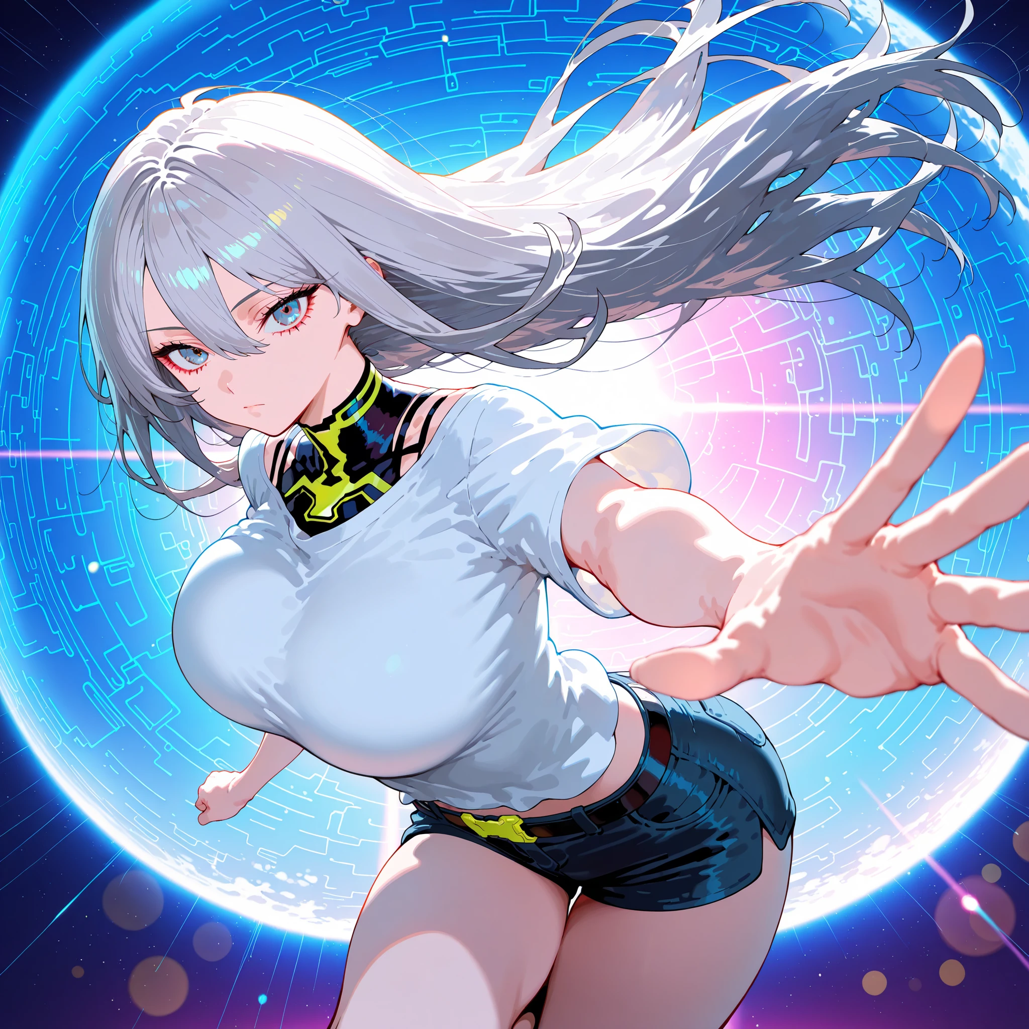masterpiece,best quality,amazing quality,very aesthetic, PEAnimeBG, Background, anime, scenery, 1girl, solo, grey hair, hair between eyes, large breasts, long hair, white shirt, short shorts, cyber fashion, frutiger aero, frutiger metro, lens flares, bokeh, frutiger metro, vaporwave, looking at viewer, zero gravity, cyberpunk, megastructure, floating, midair, close-up, expressionless, reaching towards viewer