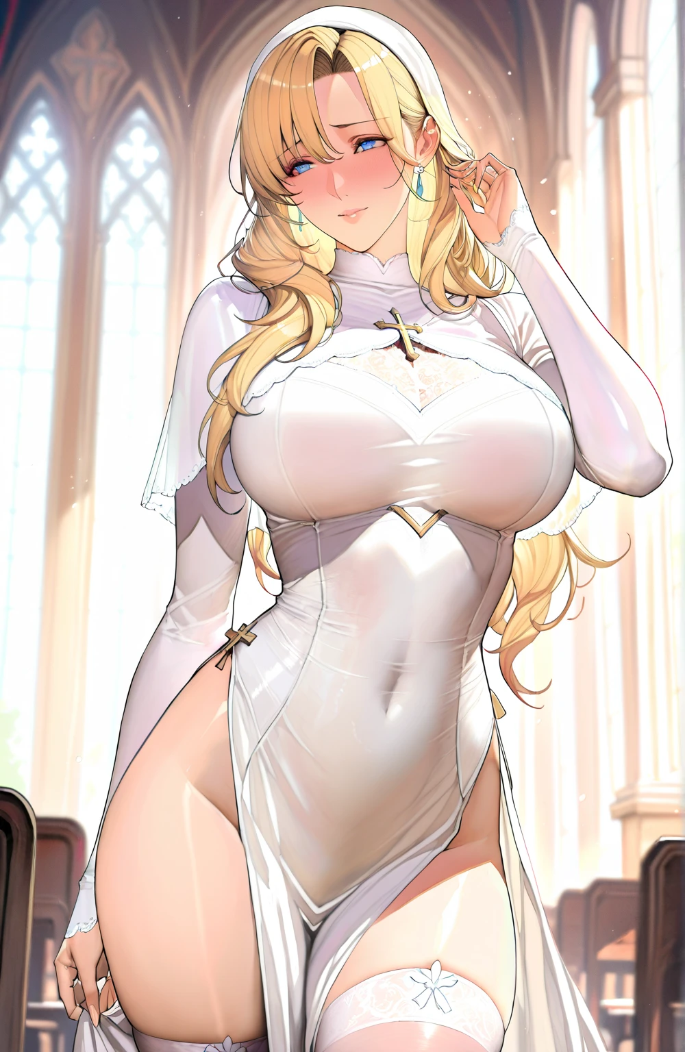 (masterpiece), (highest quality), ((Super detailed))、(super delicate)、Cute naughty knight armor girl、Pastel colors hair、(large breasts:1.2, Thighs:1.2, thick legs:1.2, curvy:1.2)、Gorgeous、blonde hair, hair down, bangs between eyes, long hair, blue eyes,(naked:1.3), standard height, (blush:1.2, expressionless), garter ring, nfsw, sweat, (cum in vaginal:1.3), vaginal sex