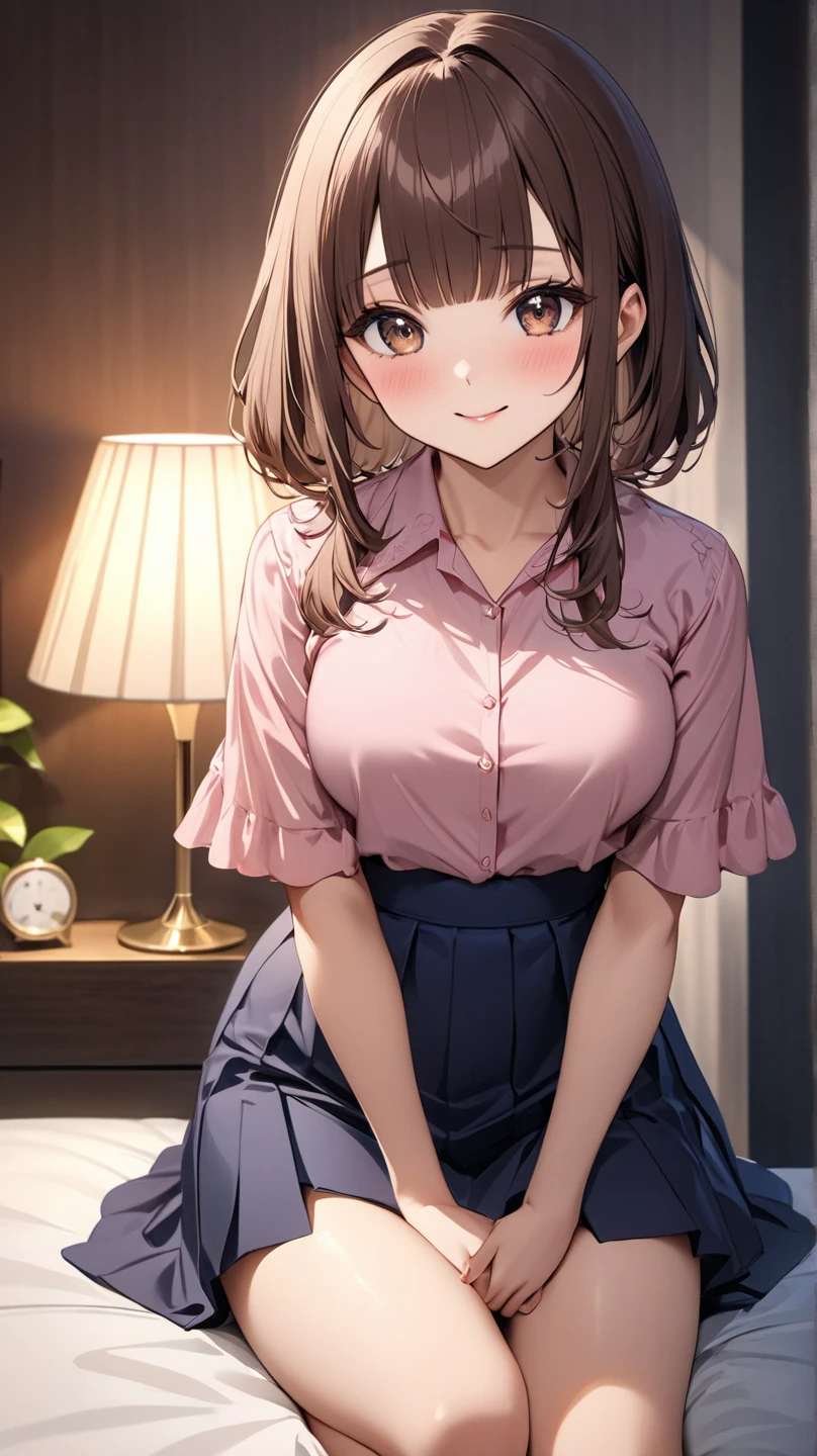 Photorealistic、Highest quality、Highest Resolution、Highest quality、16K、1 beautiful adult woman、Cute face、Delicate face、smile、Bob cut hair、Ash brown hair color、Brown eyes、Delicate eyes、Beautiful Eyes、Beautiful breasts、Big Breasts、valley、White long sleeve shirt、Panties、Overreaching、Yawn、bedroom、