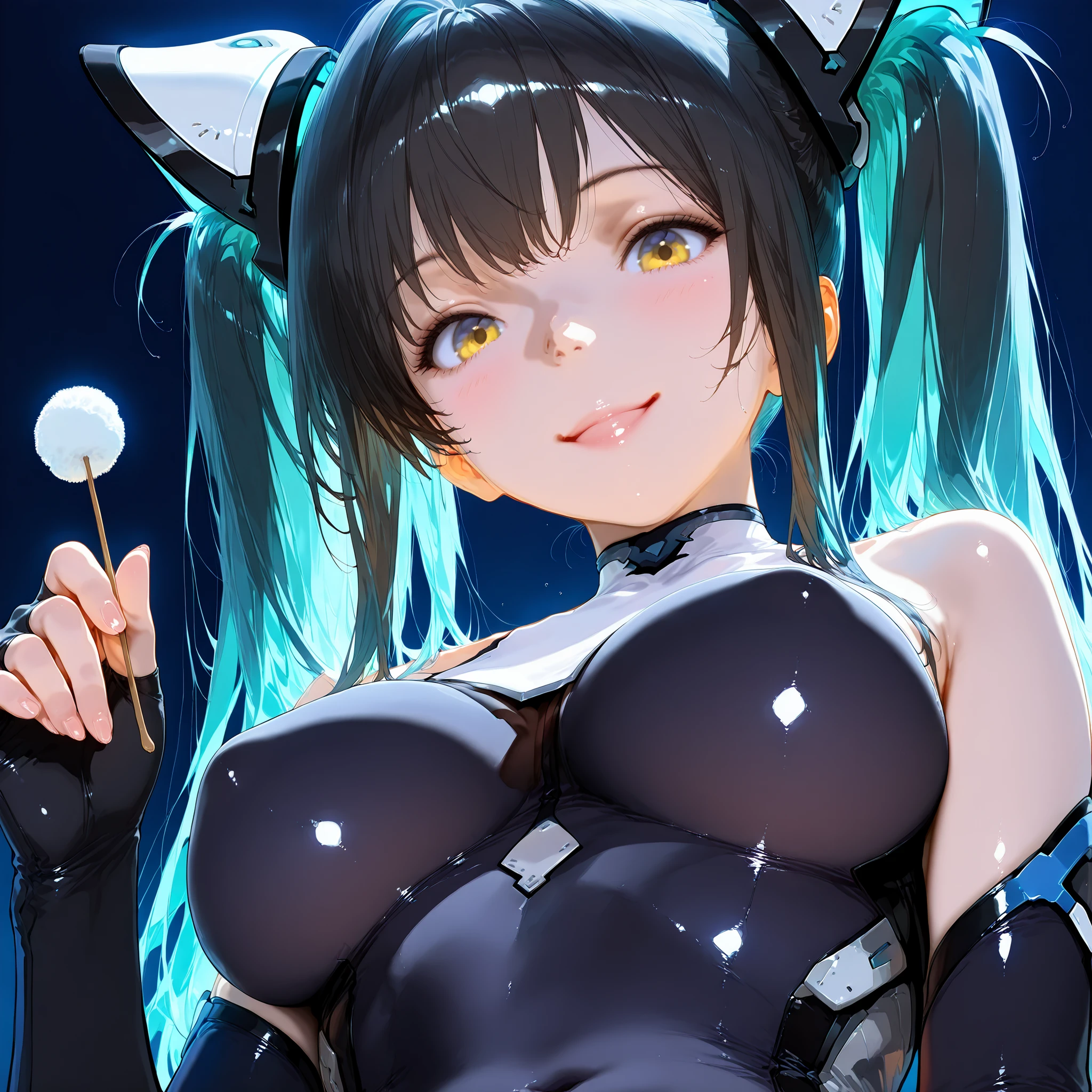 ((masterpiece, detailed:1.2), best quality, absurdres, highres),ultra detailed,beautiful detailed face,pale skin,realistic glistening skin,detailed cloth texture,detailed hair texture,soft lightning,realistic lighting,detailed beautiful face and eyes and hair,ideal ratio body proportions,nice hands,perfect hands, simple white background,depth of field, anime,anime style, 
BREAK
1girl,solo,mimikaki, shilittlemermaid, wet skin, realistic textured skin, perfect makeup, ultra-high-definition beautiful face, beautiful expression, wet lips, moist lips,  long hair, black hair, yellow eyes, shining eyes, big eyes, detailed eyes, beautiful eyes, twintails, multicolored hair, headgear, bare shoulders, detached sleeves, medium breasts, black gloves, elbow gloves, fingerless gloves, black bodysuit, skin tight, covered navel, covered collarbone,
BREAK
seiza,wariza,yokozuwari, (upper body:1.3,under breasts extreme close-up:1.3), from below, look at viewer,(open mouth:0.8),(open eyes:1.2),(happy, smile:1.3),