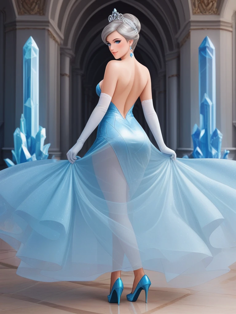 Dress Style:
Elsa is wearing a sleek, ice-blue top that is both elegant and slightly daring. The bikini is form-fitting and showcasing her slender silhouette.
Neckline:
The dress features a plunging neckline, tastefully designed to add a hint of allure while maintaining elegance. The neckline is adorned with delicate, sparkling ice-like crystals that catch the light beautifully.
Fabric and Texture:
The gown is made of a shimmery, semi-transparent fabric that flows gracefully as she moves. The material has a soft, ethereal glow, reminiscent of freshly fallen snow. It’s slightly sheer in certain areas, adding a subtle, sensual element to the look.
Back Design:
The back of the bikini is open, with intricate, snowflake-shaped straps crisscrossing across her back. The design is both elegant and playful, showing off her graceful posture.
Accessories:
Elsa wears silver, ice-themed jewelry, including a delicate necklace that sits just below her collarbone and matching earrings that dangle elegantly. Her fingers are adorned with icy blue rings that sparkle like frost.
Shoes:
She completes the outfit with silver stiletto heels that have frosty, crystal accents, giving her a statuesque appearance and adding to the icy theme.
Hair:
Her platinum blonde hair is styled in loose waves, cascading over one shoulder. A few strands are adorned with tiny, glistening ice crystals, adding a magical touch to her overall look.