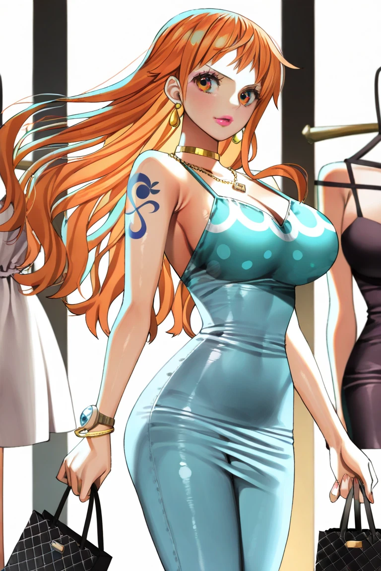 a woman in a blue dress with a chain around her neck, nami one piece, nami from one piece, beautiful portrait of nami, nami, from one piece, she has long redorange hair, monokini, one piece, erza scarlet as a real person, barrel chested, she has long orange brown hair, is wearing a swimsuit