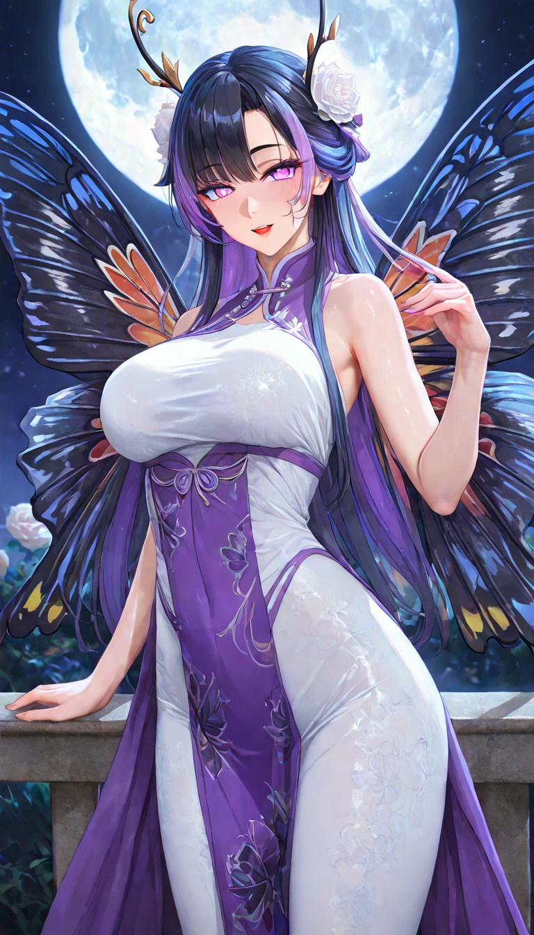Full body photo shinobu kocho from demon slayer anime,  at a Japanese royal palace room, beautiful woman, smiling, close eyes, dimples, sedutice expression, sexy dress, purple aura, butterfly wings, open breast 

