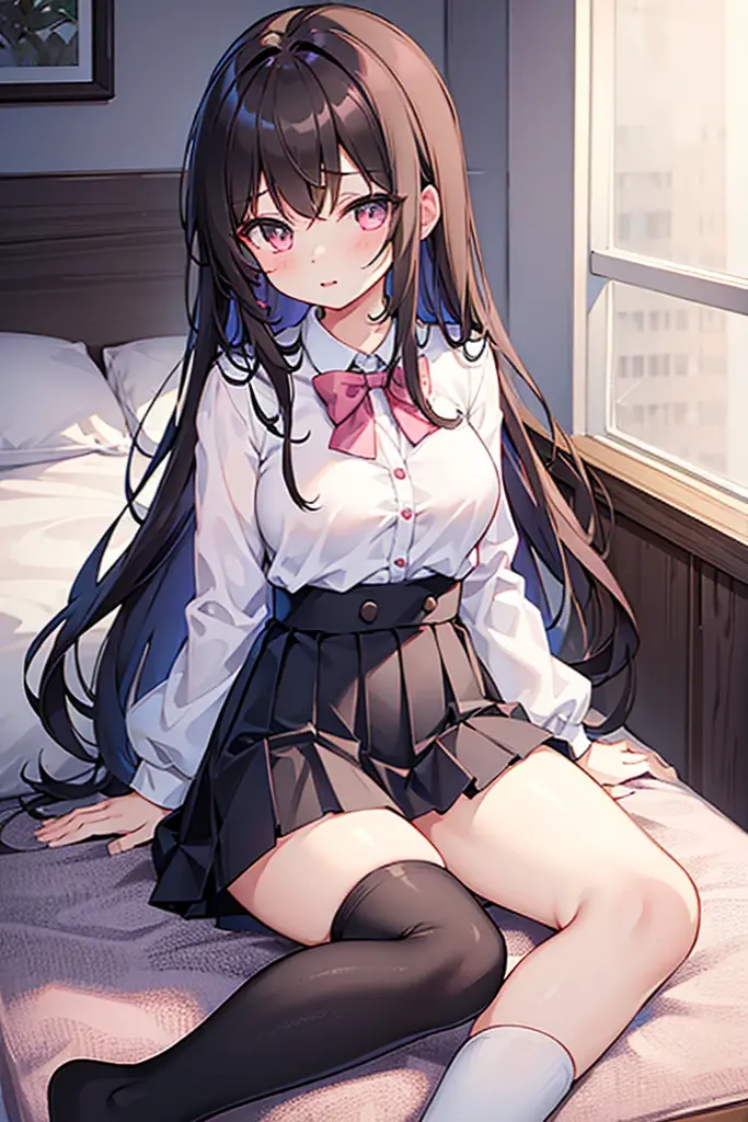 (masterpiece、Highest quality、Very detailed))、One girl、Black Hair、Long Hair、blunt bangs、Grey Eyes、evil smile、((Grin))、((lots of piercings))、((Small breasts))、((cardigan))、((Black pleated skirt))、((skirt lift))、((light blue Plaid panties))、socks、kneeling、On the bed、Bedroom Background