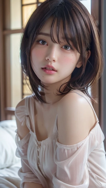(Ultra-realistic), (figure), (High resolution), (8k), (Very detailed), (Best figure), (Beautiful and detailed), (Highest quality), (Super detailed), (masterpiece), (wallpaper), (Detailed face), alone, One Girl, watching viewer, pajamas、sleepy、Dozing off、Close ~ eyes、bed、futon、Pensive、Less exposure、Fine details, Detailed face, In the Dark, Deep Shadow, Modest, Pure Erotic Face Ace_v1, cool, short hair, Pointed diagonal bangs,