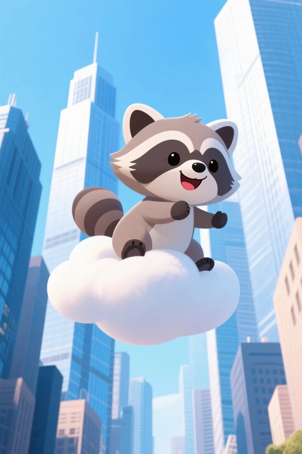 A cute 2D cartoon style raccoon is smiling and riding on a cloud ...