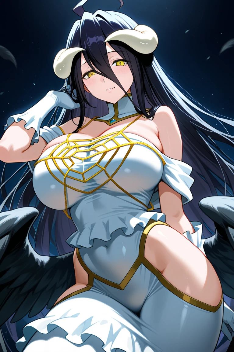 albedo, ((work of art、high qualiy、Super First Work、mais high qualiy、Super high resolution、cinematic, 8K、(Portrait of a very comely actress、long neck)、(happiness、Youngh、dentes comelys、Beautiful alignment of teeth, she has a dimple)、comelys olhos realistas, clear crystalline green eyes))、(photorrealistic:1.4)、((1 girl、sensuous、light caucasian skin:1.4、Look up at your audience、close do rosto、focus far away from the girl, spotless、enchanting, comely、dark hair、Bob haircut with comely bangs、comely cabelo longo、supermodel 190cm、realistic colossal breasts:1.6)) dark nipples, wide and pointed. (thin transparent micro swimsuit, super detailed and Background transparent, pink micro panties :1.9, Background transparent、(albedo wearing traditional shirt along with very detailed panties)), black angel wings on the hip, sensuous. ((realistic long breasts between arms)、natural breasts, wide nipples, (Come close to emphasize the comely cleavage))、long neck、bangs straight、eyelash、comely Delicate Eyes、The face of the golden ratio、golden ratio body、( 8K image quality、mais high qualiy、work of art:1.6)、ultra detali、ultra resolution、(Rialistic Photo:1.37)、cinematic、black backdrop, Paradise, colored photography, High definition、professional photograpy、top shot Very detailed and comely、8K photo、incredibily detailed、offcial art、Highly detailed Unity 8K CG wallpapers、goddess of beauty , Beautiful girl very detailed、extra detailed face、extremely detailed eye、highly detailed skin、extremely detailed fingers、Highly detailed nose 、very detailed mouth、Perfect Anatomia、detailed back ground、(comely girl 25 years old:1.2、Beautiful girl、realistic body、sensuous、skin pore)、Fine body、Body cute、breasts sticking out of cleavage、kitten, Pubic hair、(blunt bangs: 1.2)、Kawaii faces、lifelike face、Delicate Eyes、Front cowboy shot、athletic pose、Ultra gigantic breasts、dentes comelys、dentes comelys alignment、sorria para mim, Supermodel.
